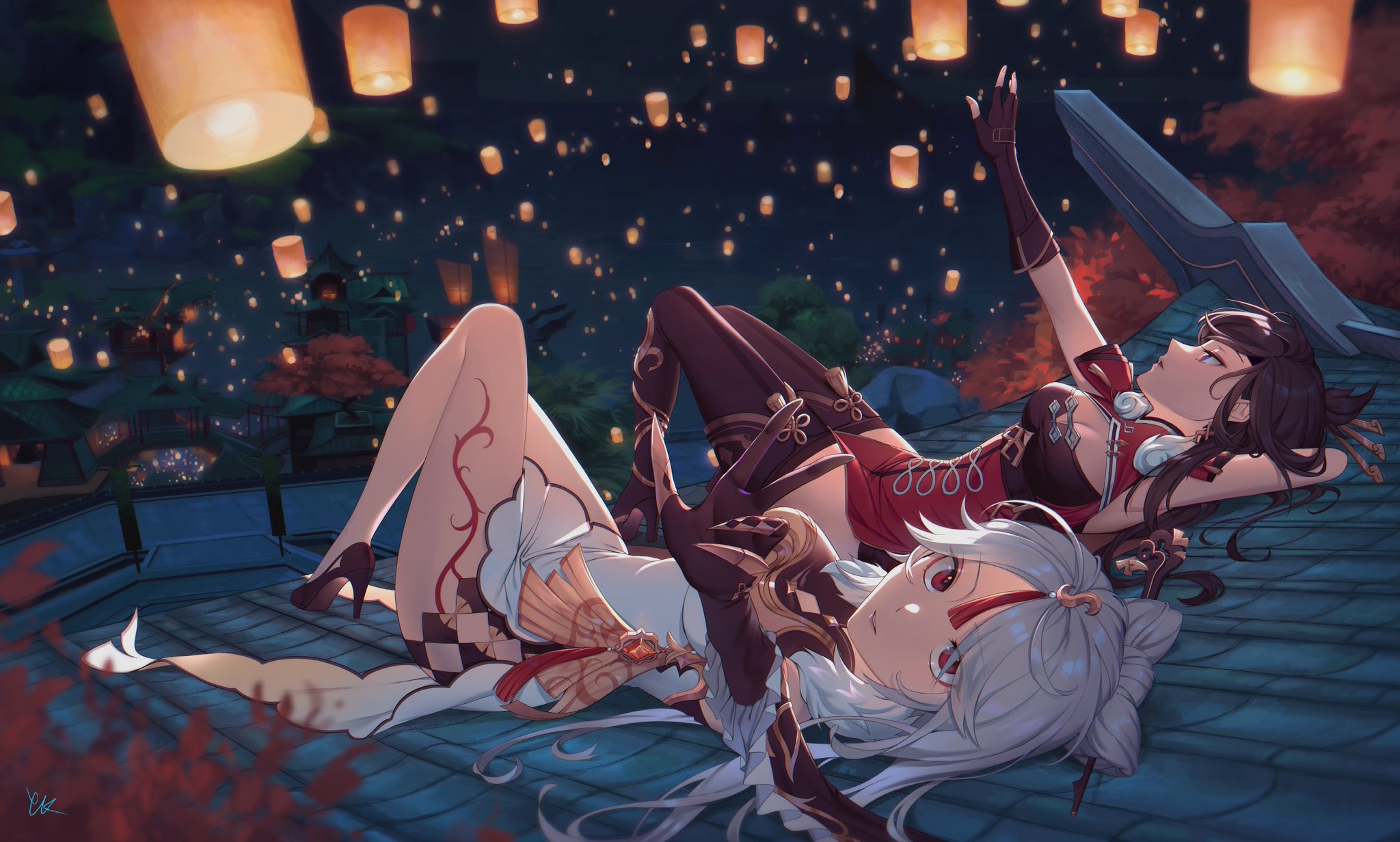 Anime 2048x1232 Genshin Impact night sky Beidou (Genshin Impact) Ningguang (Genshin Impact) two women women lying down sky lanterns lying on back rooftops Kgynh looking at viewer anime girls long hair looking up looking away blurry background dress arms reaching thighs legs hair ornament white hair black hair red eyes high heels high heeled boots heels black heels trees leaves plants gloves elbow gloves big boobs cleavage armpits lantern city Asian architecture cityscape tattoo