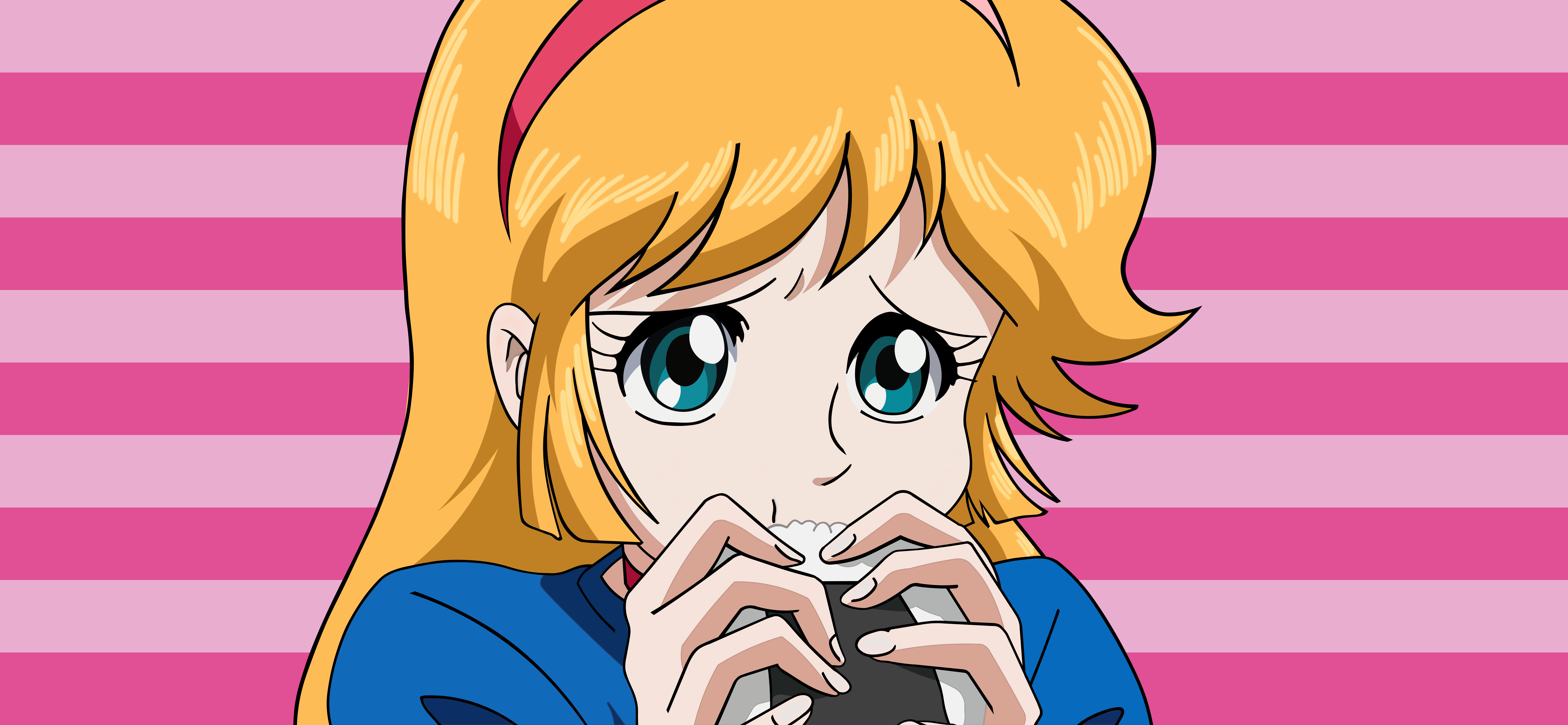 Anime 9000x4160 Re: Cutie Honey anime girls simple background blonde blue eyes rice balls food eating