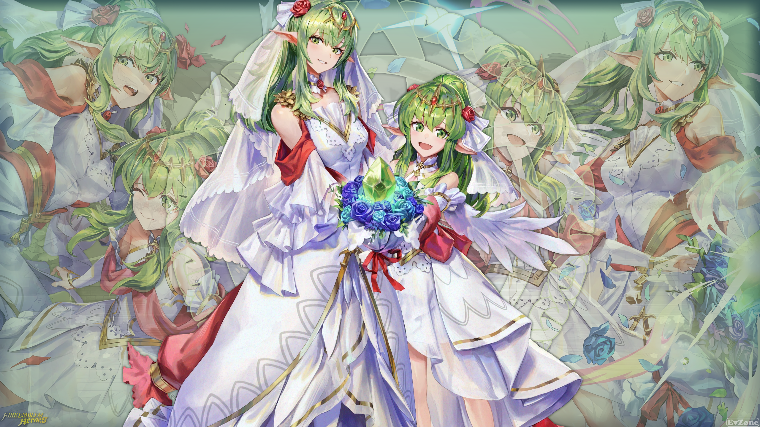 Anime 2560x1440 Fire Emblem Heroes Mobile Game Tiki (Fire Emblem) anime girls dress pointy ears long hair looking at viewer green hair green eyes flowers flower in hair petals ponytail