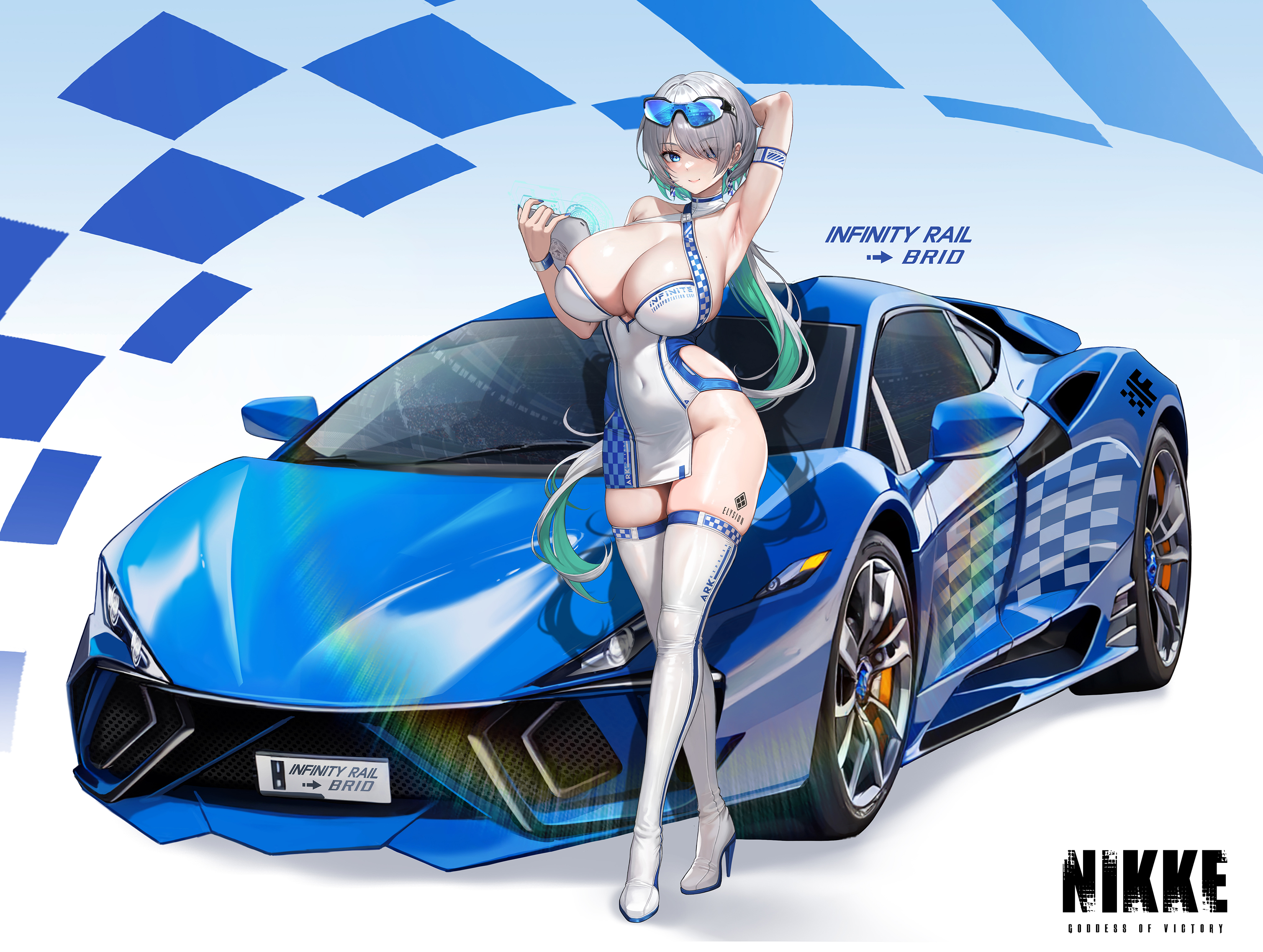 Anime 3018x2275 Race Queen Outfit Nikke: The Goddess of Victory Brid (Nikke: The Goddess of Victory) anime girls car cleavage big boobs race cars looking at viewer smiling sunglasses armpits stockings thighs long hair two tone hair thigh high boots