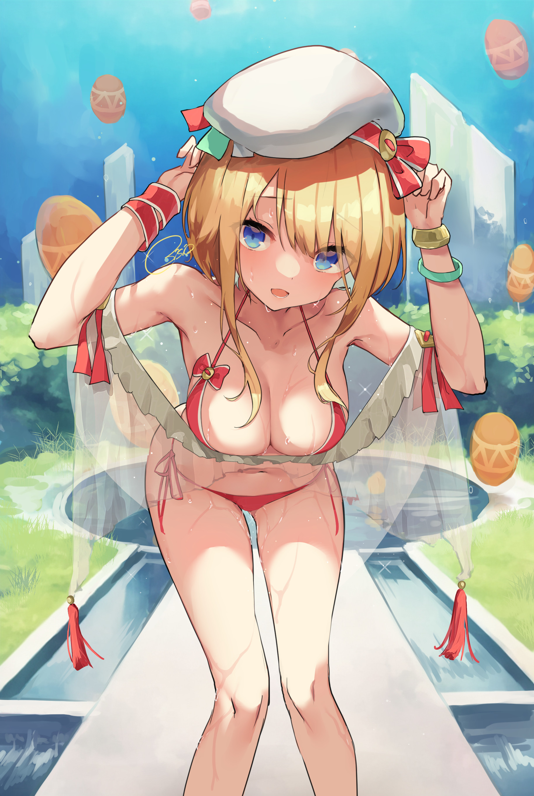 Anime 1826x2720 Osisio anime girls blonde blue eyes cleavage big boobs portrait display wet body wet looking at viewer hat bow tie water