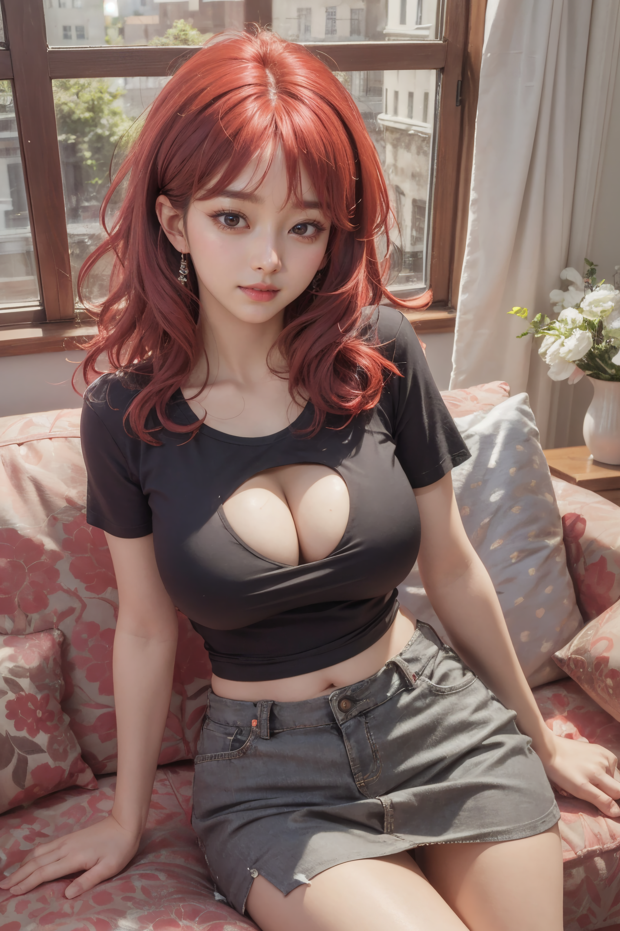 General 2048x3072 AI art women crop top shoulder length hair collarbone cleavage looking at viewer artwork digital art Asian portrait display big boobs sitting pillow couch window flowers earring belly button long hair
