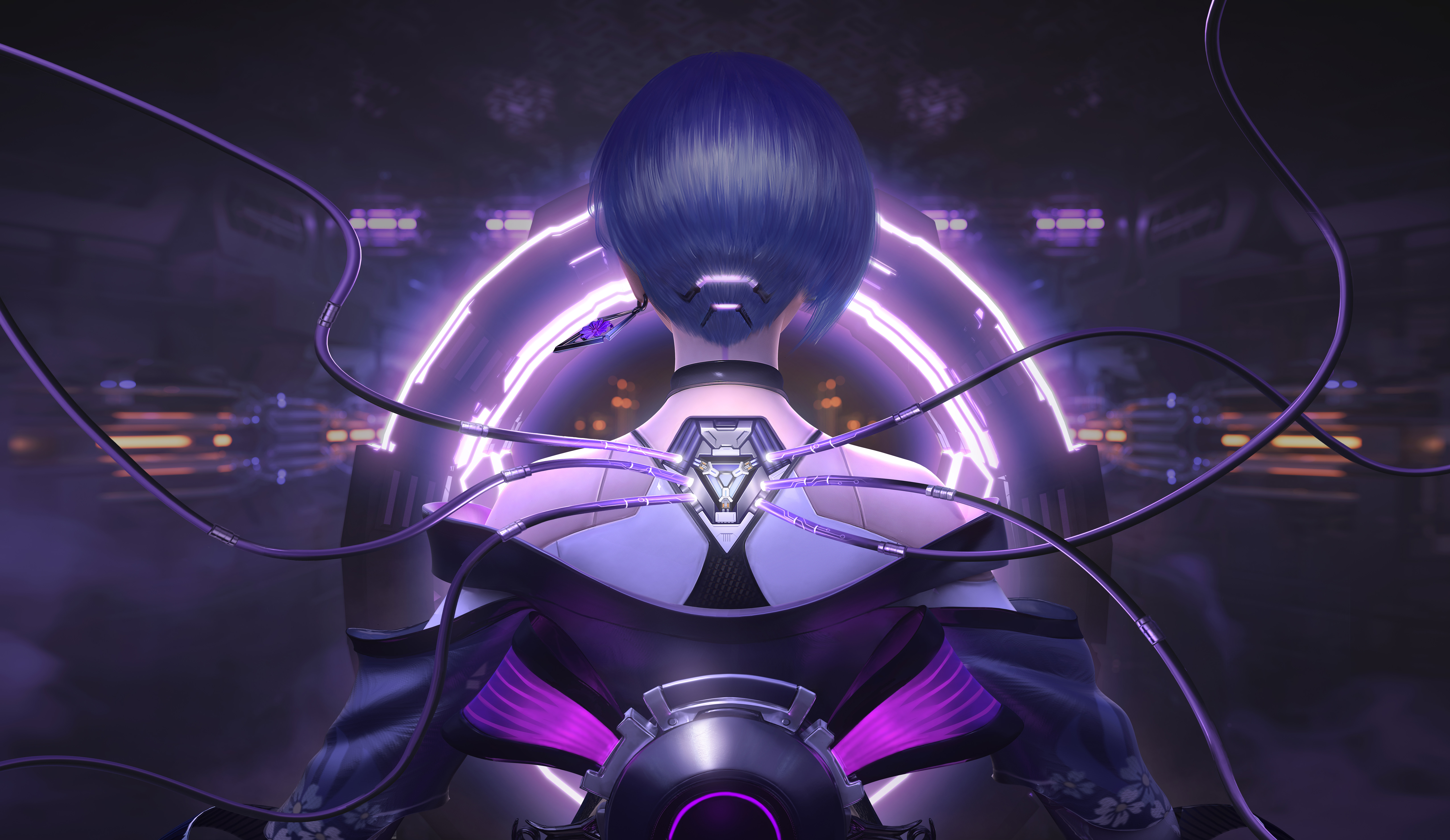 General 6500x3768 Cyber Hunter digital art artwork illustration women short hair purple hair cyberpunk futuristic earring bare shoulders back kimono