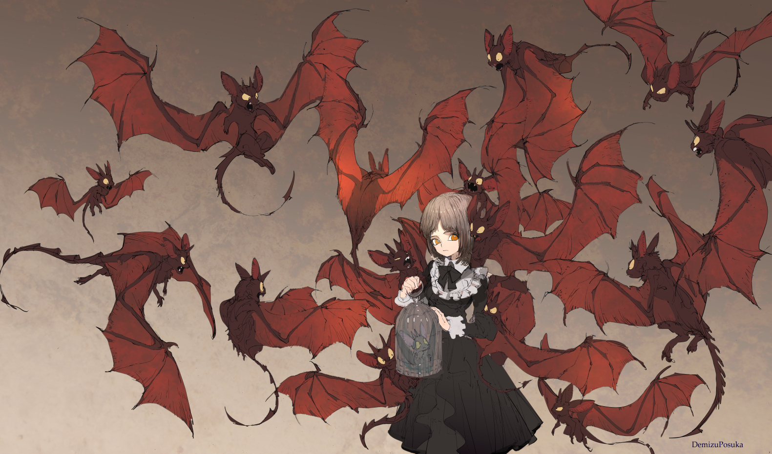 Anime 1581x930 anime anime girls bats creature Gothic bow tie looking sideways short hair minimalism simple background cages dress
