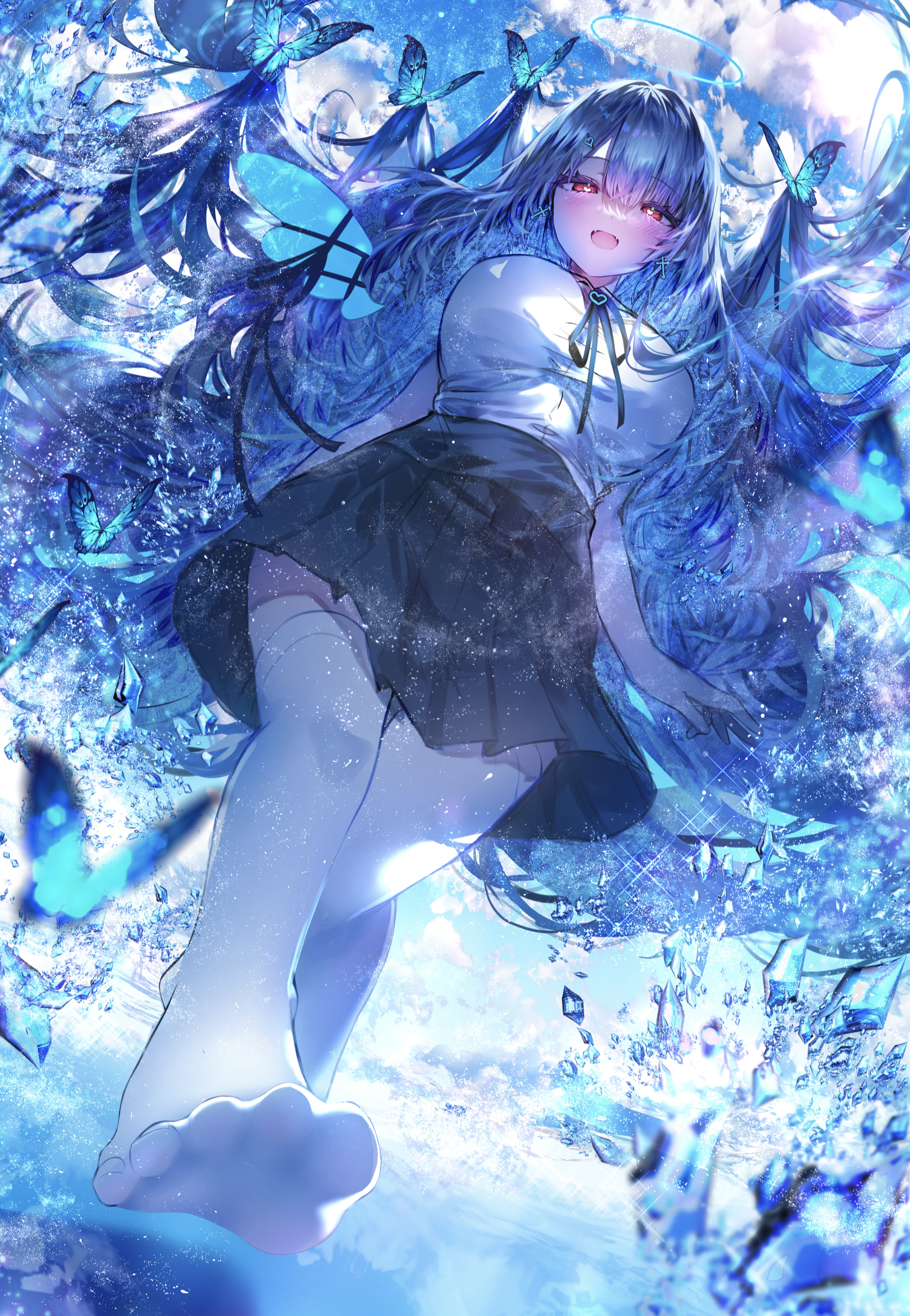 Anime 2988x4324 Pixiv W (artist) anime anime girls portrait display stockings feet butterfly long hair looking at viewer heart eyes sky clouds water crystal  schoolgirl school uniform insect halo