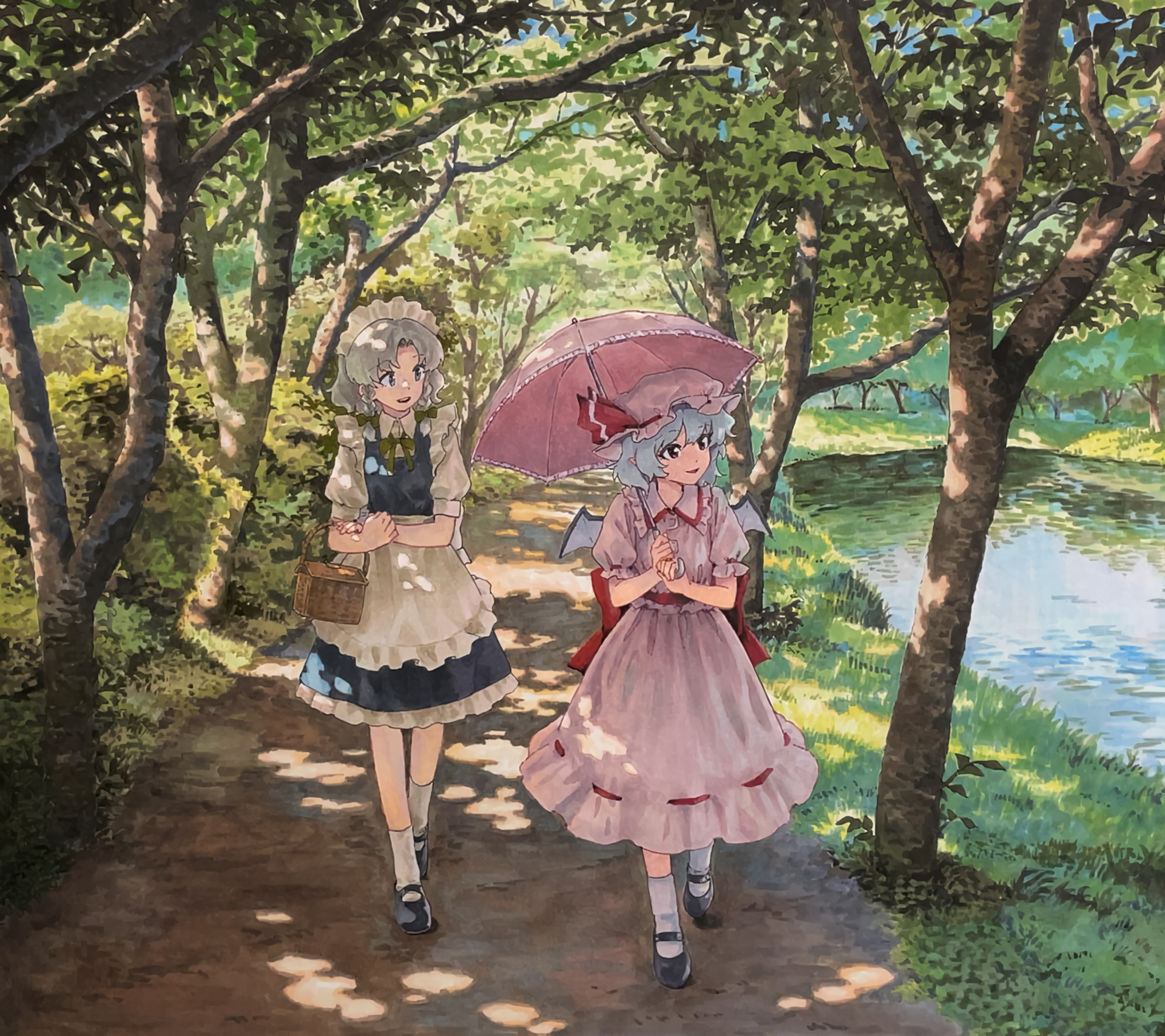 Anime 1920x1707 anime anime girls Touhou Izayoi Sakuya Remilia Scarlet trees path umbrella water dress maid maid outfit looking away hat sunlight