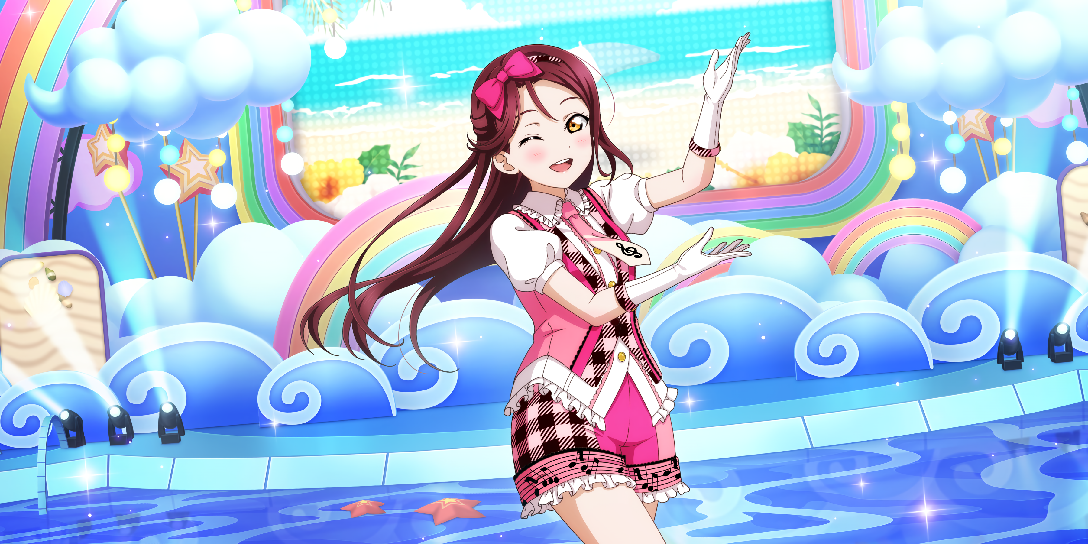 Anime 3600x1800 Sakurauchi Riko Love Live! Love Live! Sunshine anime anime girls long hair one eye closed gloves stars stages stage light blushing looking at viewer musical notes clouds dress tie treble clef bow tie starfish