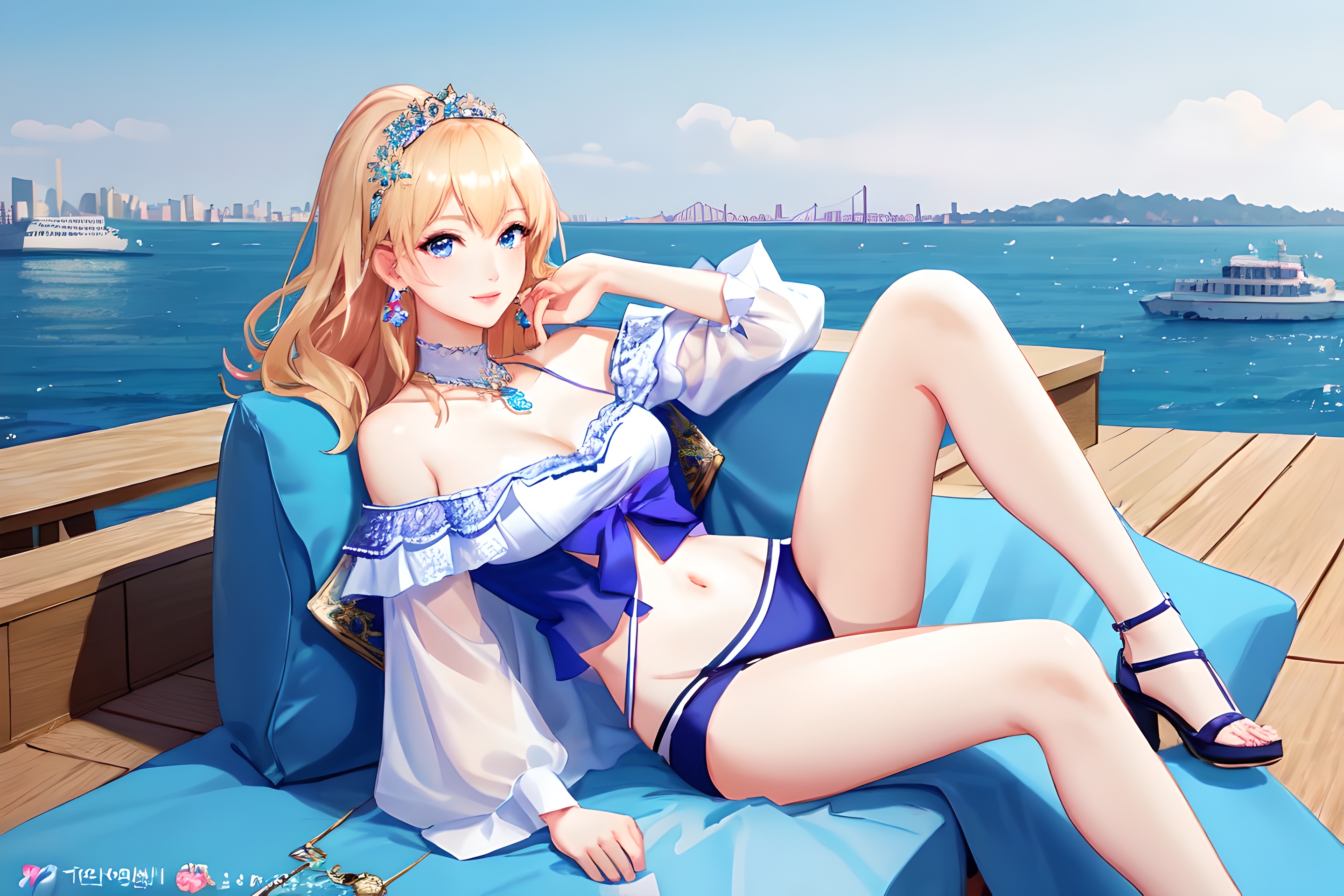 Anime 2880x1920 blonde character design  AI art Naoko Takeuchi style manga anime girls water looking at viewer long hair thighs legs belly belly button boat clouds sky heels earring smiling bikini bottoms