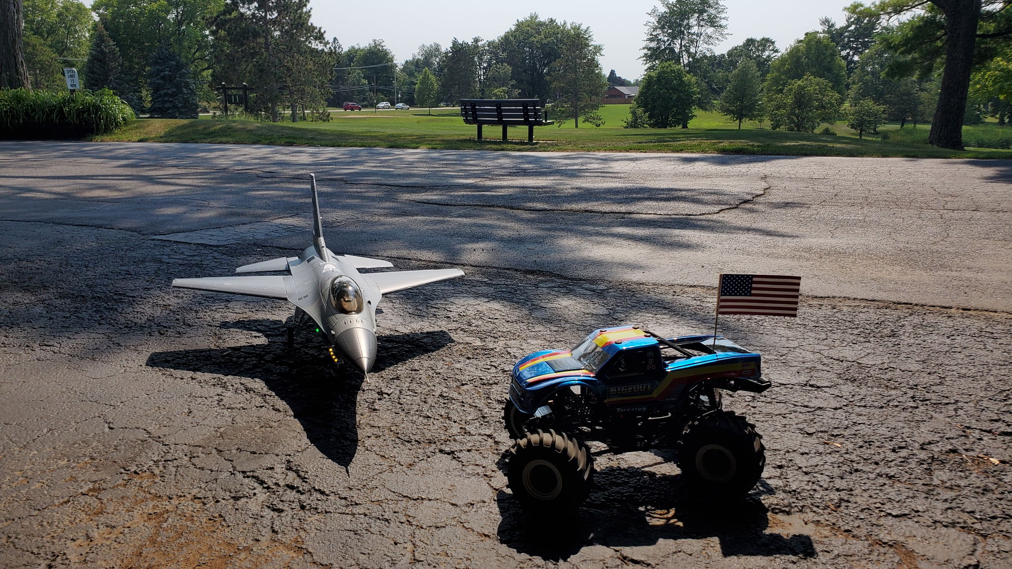 General 1999x1124 toys RC Car jets car flag American flag trees bench asphalt