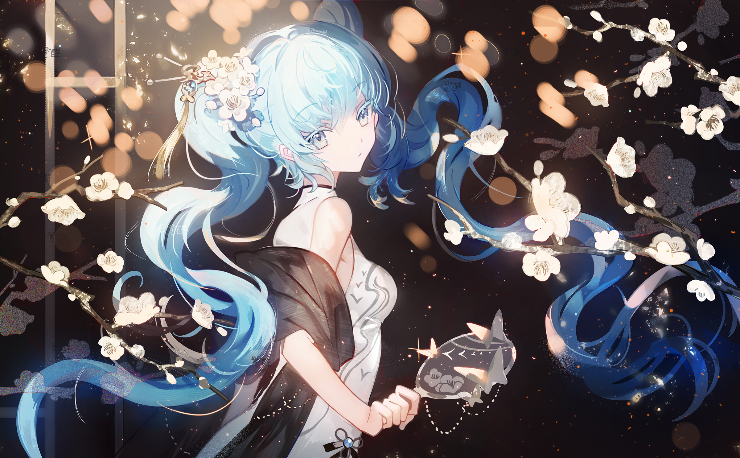 Anime 2400x1485 Chinese clothing anime anime girls twintails blue hair blue eyes fans butterfly flowers branch looking at viewer long hair flower in hair