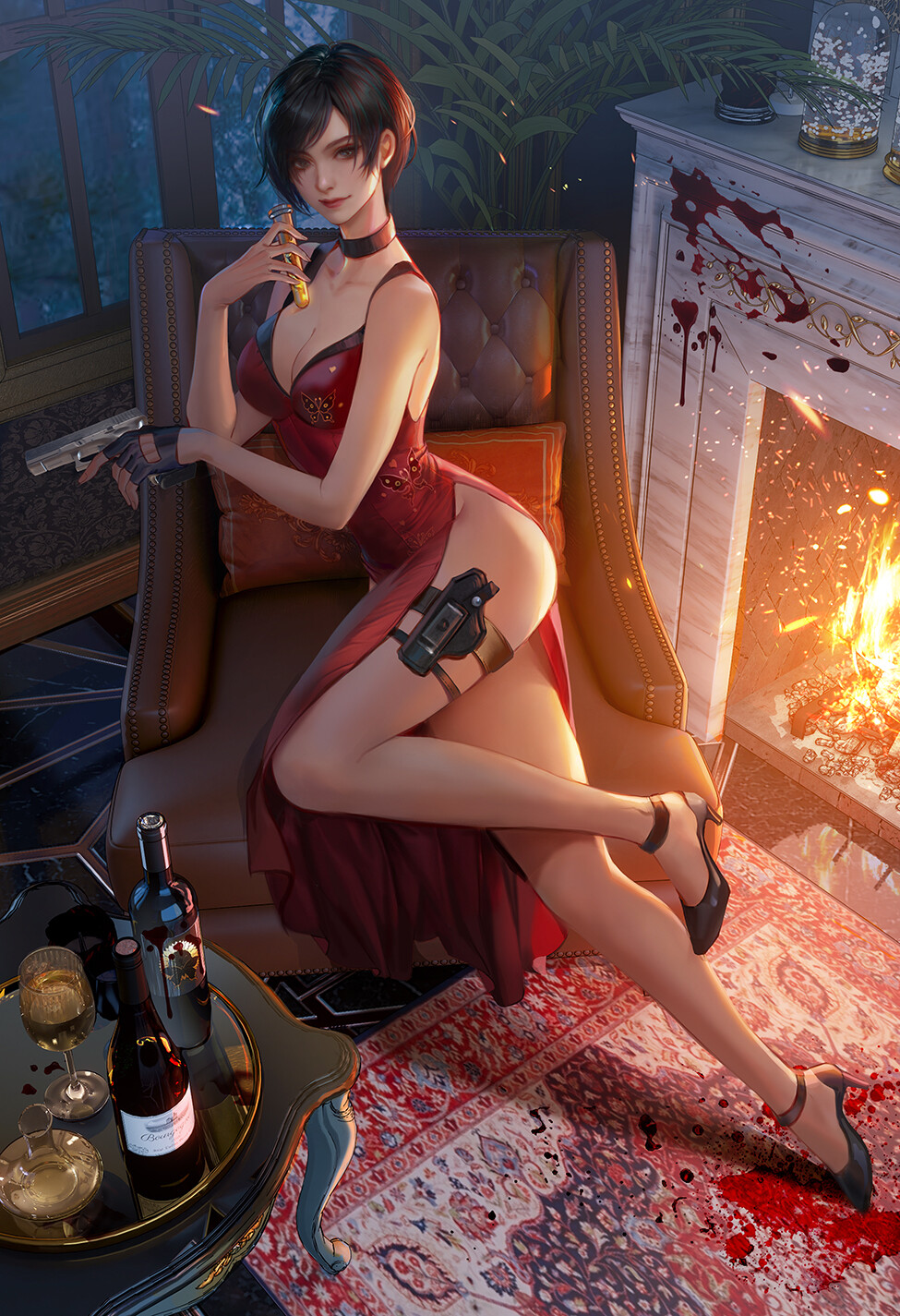 General 975x1425 Fan Yang drawing Ada Wong red dress fireplace Resident Evil portrait display dress video game characters video game girls thighs heels video games looking at viewer choker smiling short hair gun girls with guns gloves fingerless gloves cleavage big boobs carpet wine glass wine Resident Evil 2 resident evil 4 remake whole body blood leaves Resident Evil 4