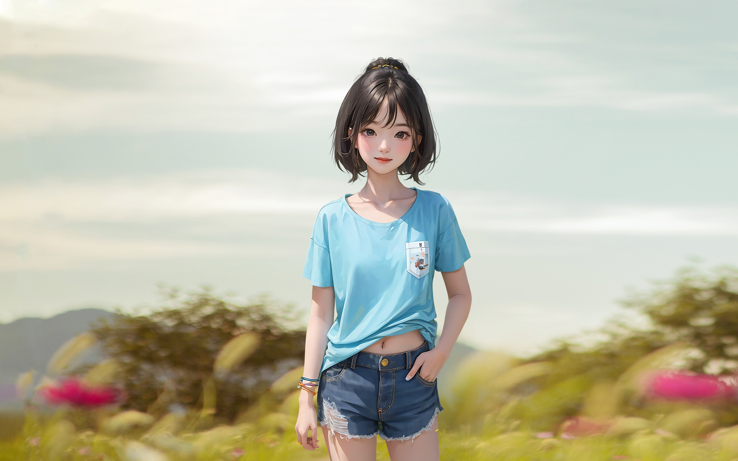 General 2560x1600 AI art Asian women short hair smiling looking at viewer simple background hands in pockets shorts belly button