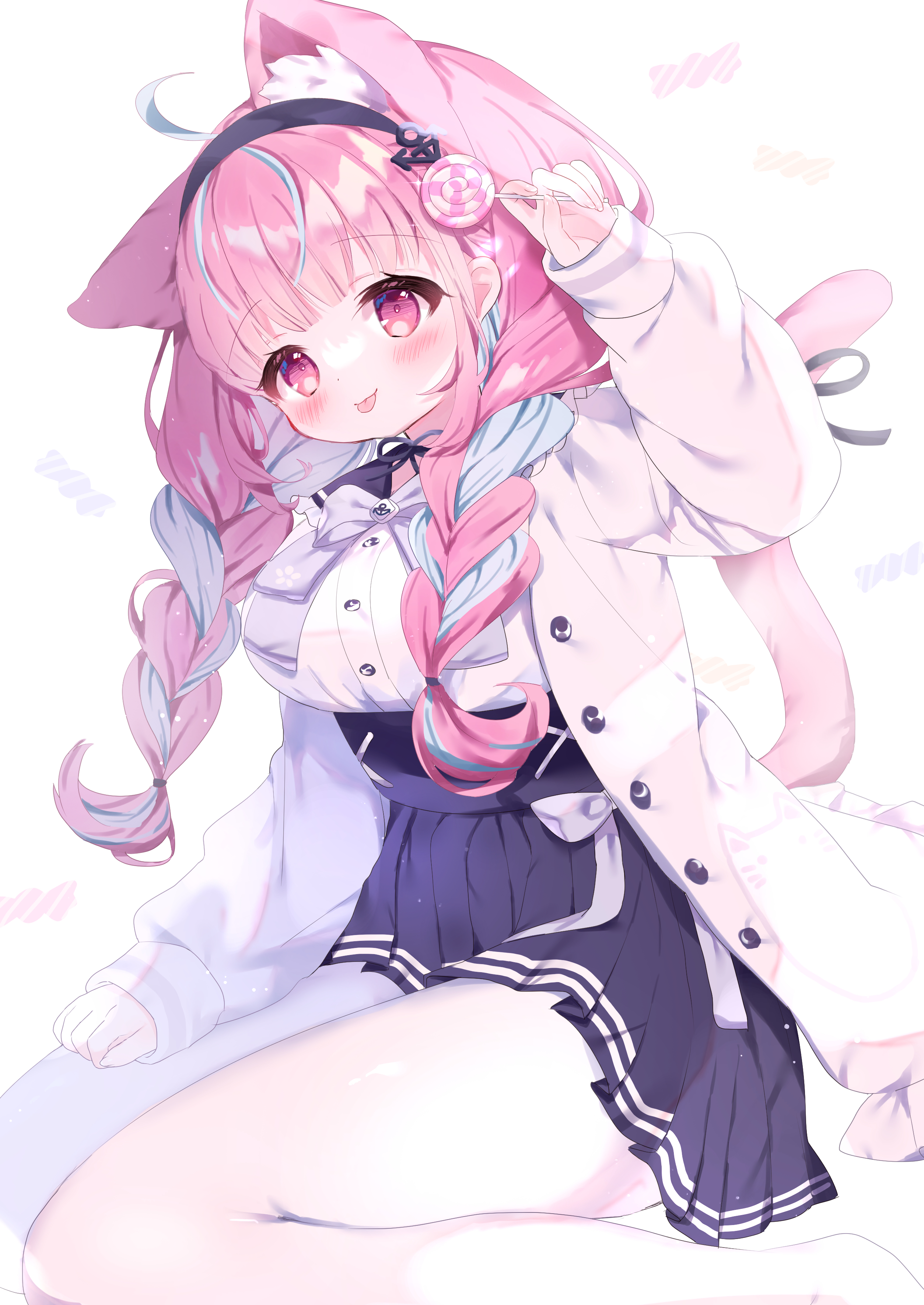 Anime 2508x3541 Pixiv anime girls portrait display braids blushing looking at viewer tongue out two tone hair long hair cat ears cat tail cat girl schoolgirl school uniform lollipop jacket candy loli