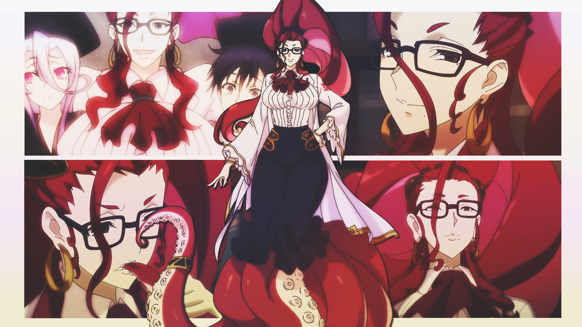 Anime 1920x1080 anime collage DinocoZero anime girls monster girl Monster Musume no Oisha-san looking at viewer glasses moles mole under mouth earring hoop earrings tentacles
