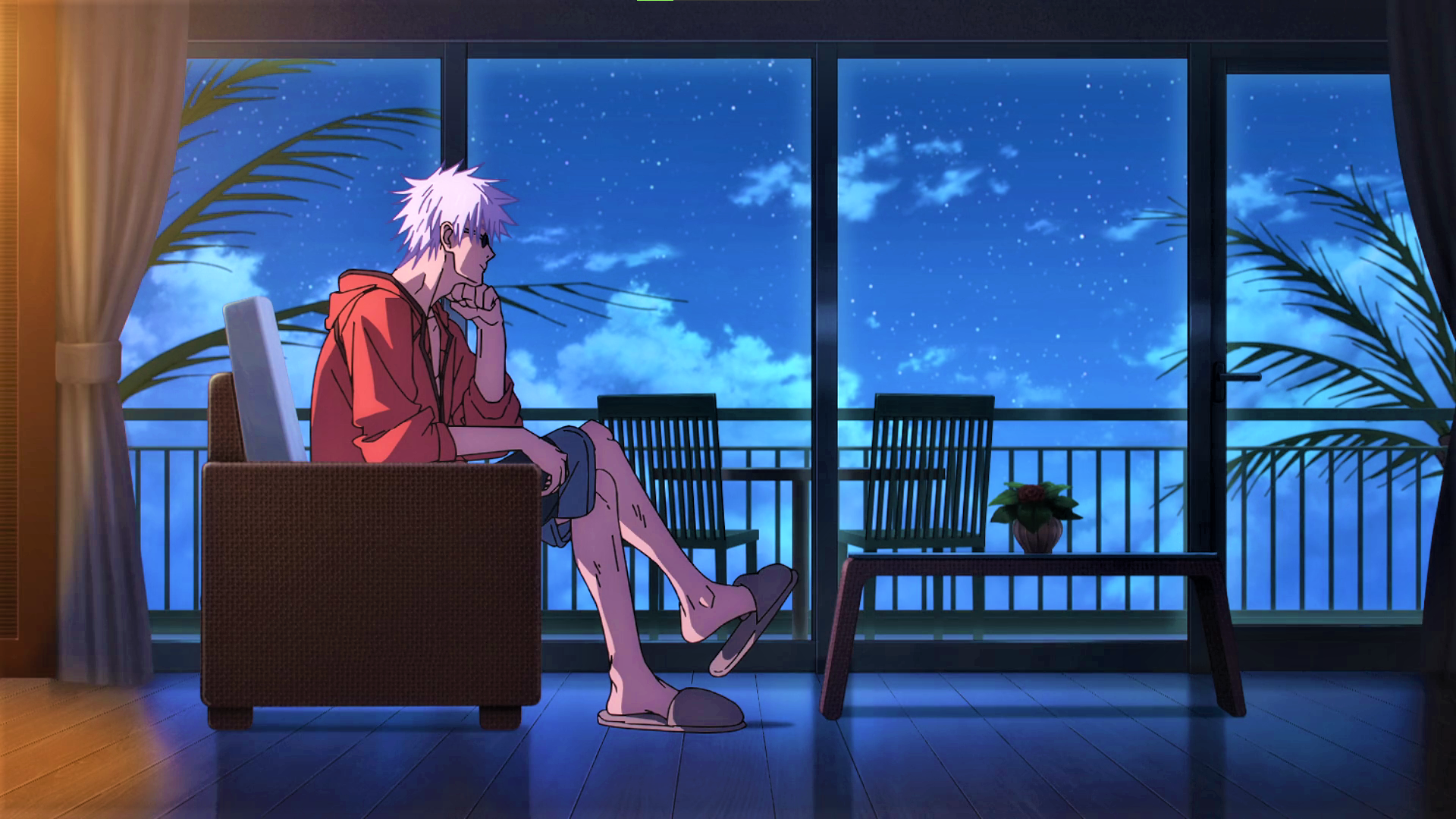 white hair, Jujutsu Kaisen, Satoru Gojo, slippers, glasses, window, palm  trees, sky, clouds, stars, anime, Anime screenshot, anime boys