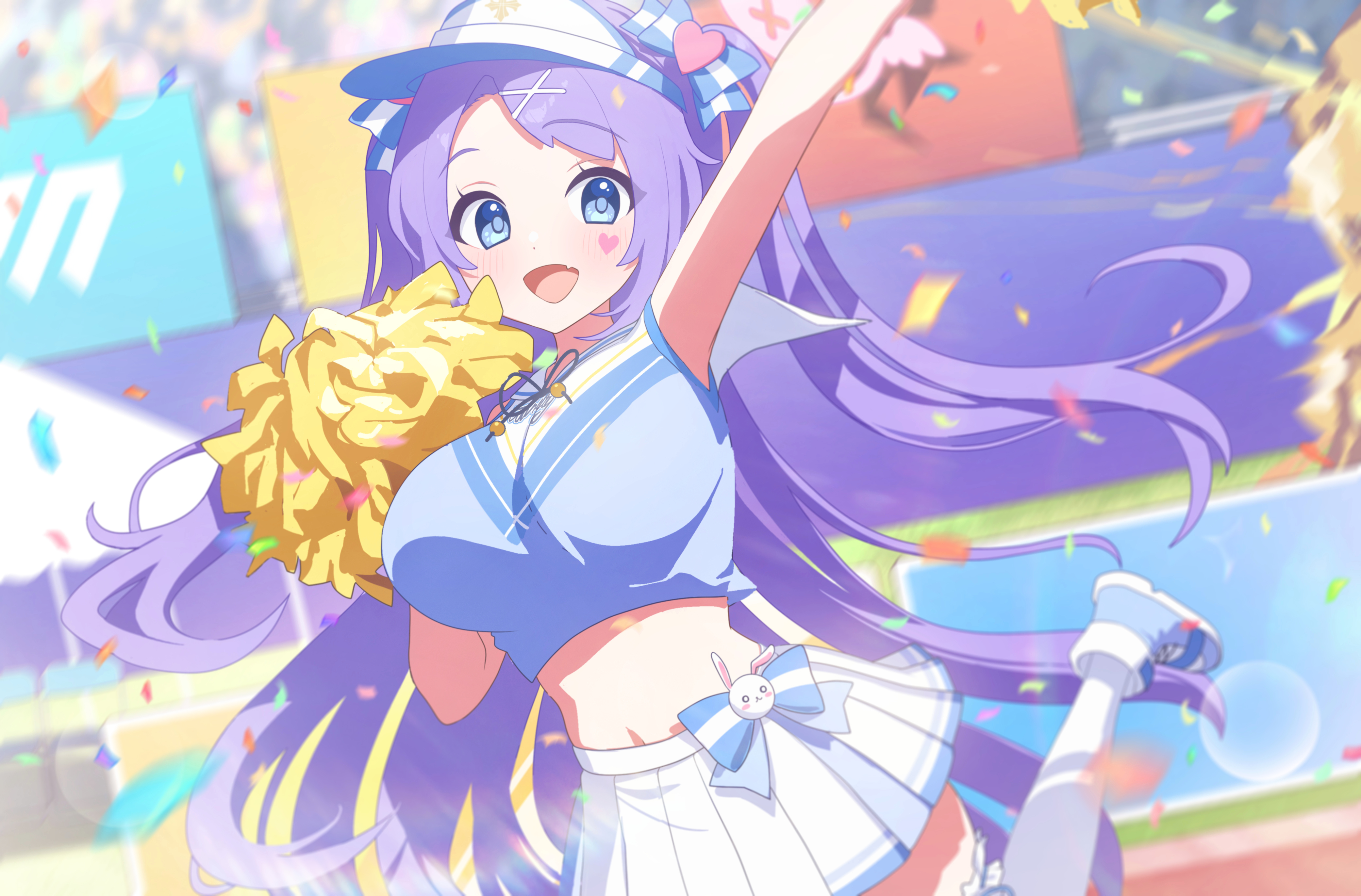 Anime 4165x2743 anime anime girls long hair cheerleaders hat confetti looking at viewer jumping bow tie blushing blurred blurry background skirt belly Blue Archive