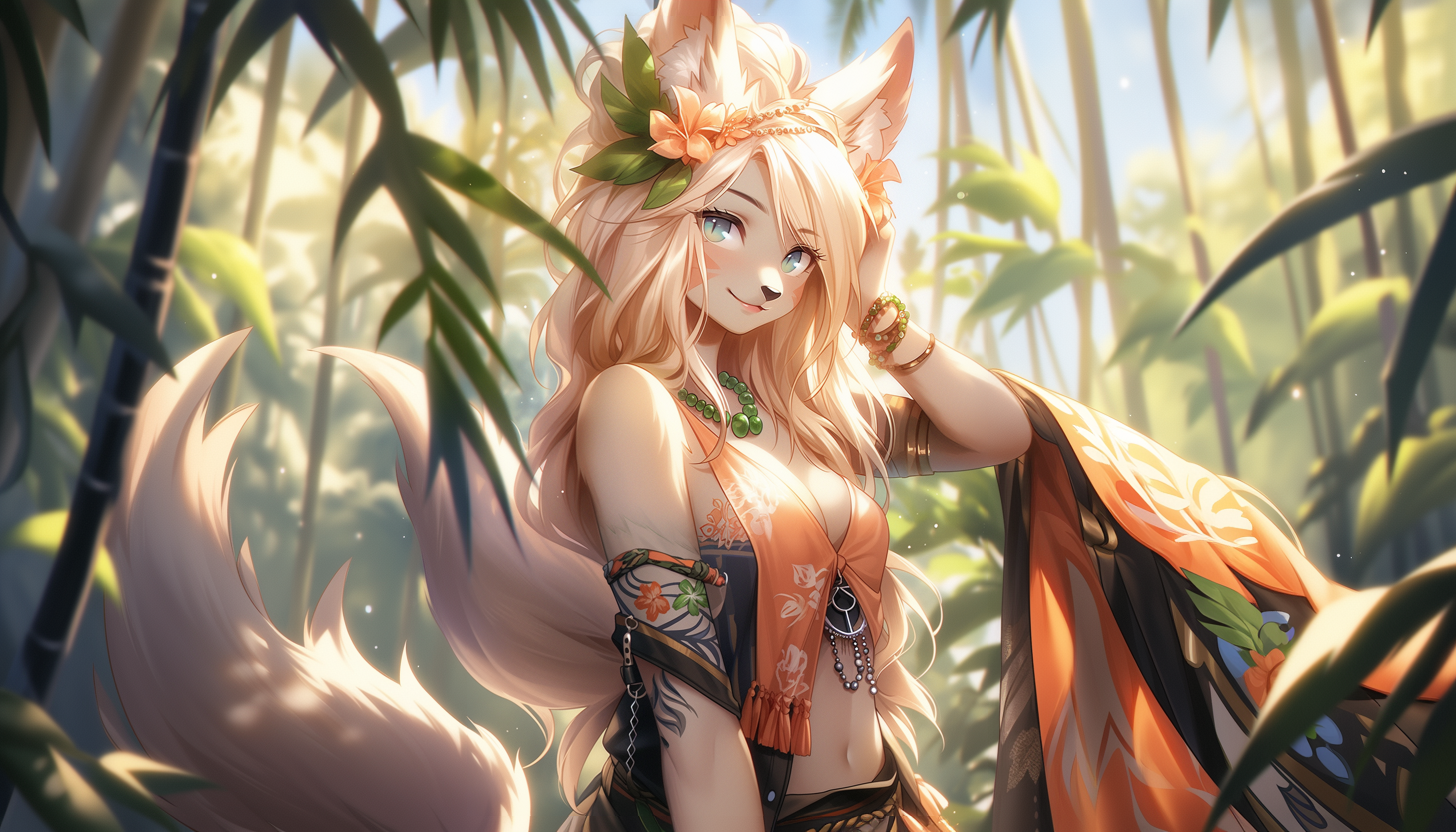 Anime 1456x832 fox ears AI art furry fox girl fox tail furry girls digital art bamboo leaves sunlight looking at viewer smiling flower in hair necklace belly button bracelets