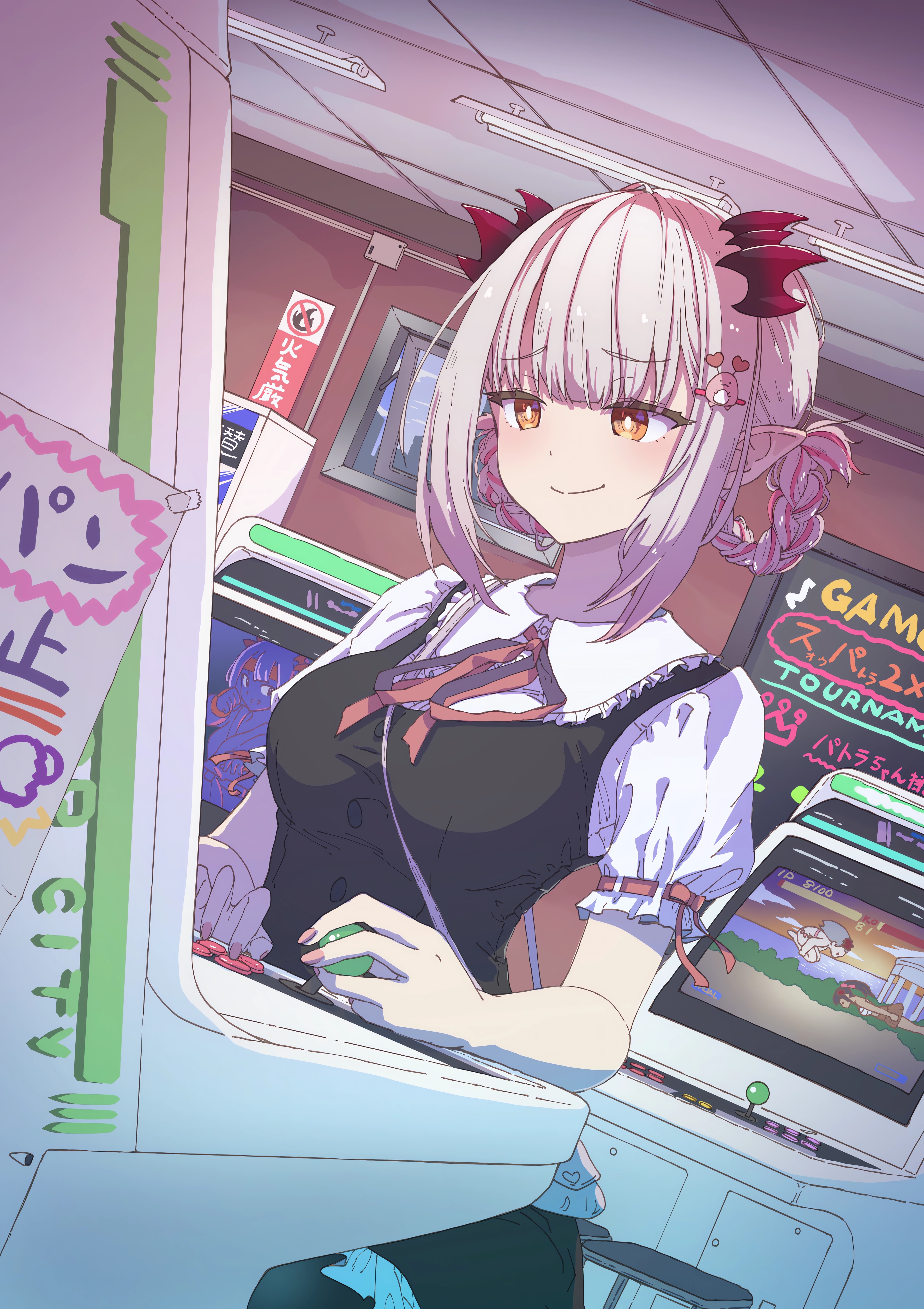 Anime 3542x5016 anime anime girls portrait display smiling arcade cabinet arcade  video games short hair braids Japanese