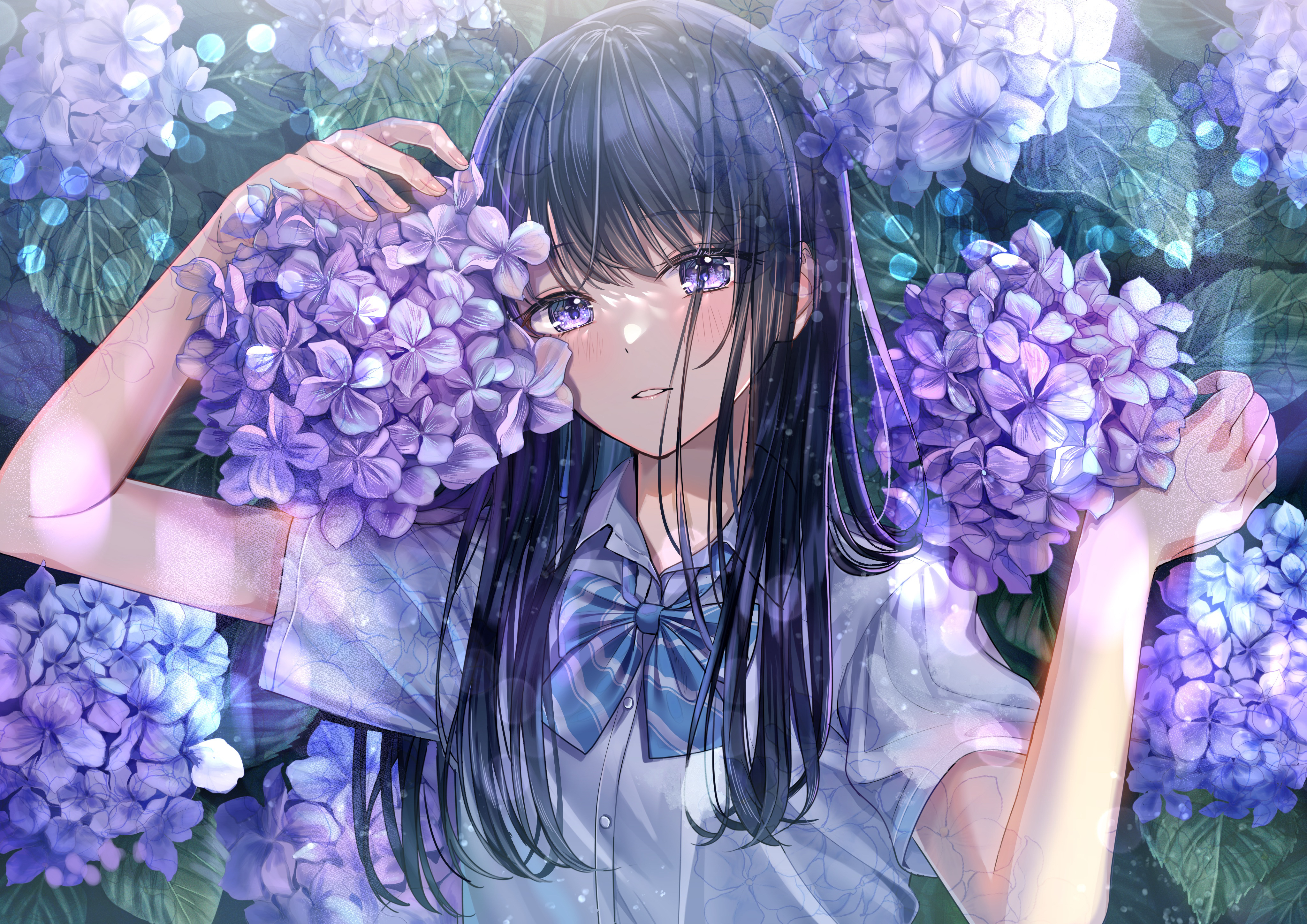 Anime 4093x2894 flowers purple eyes anime girls bow tie blushing looking at viewer leaves schoolgirl school uniform petals long hair