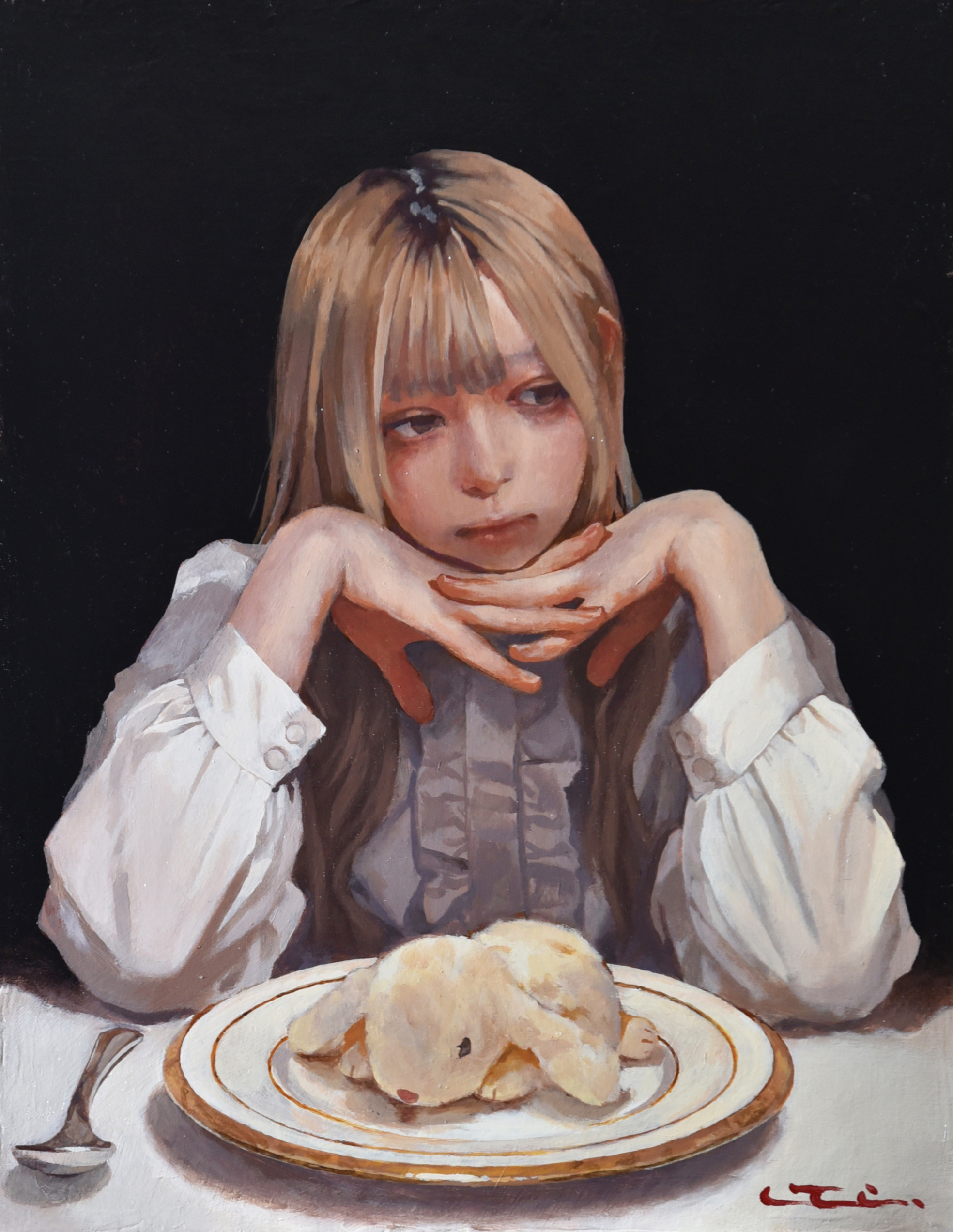 General 1968x2544 oil painting women Pony(artist) long hair sitting rabbits animals looking away portrait display artwork plates spoon two tone hair