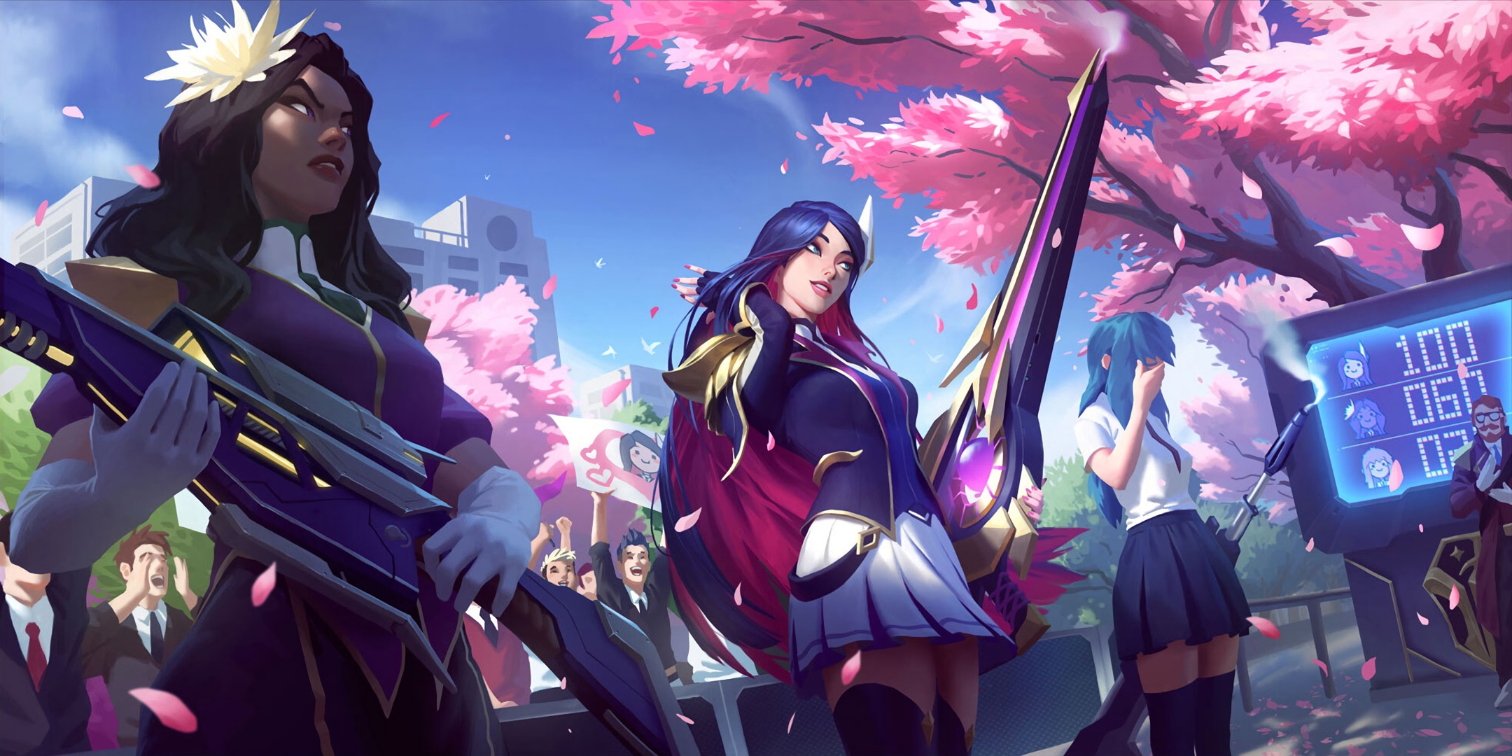 General 2160x1080 Caitlyn (League of Legends) League of Legends fan art Cherri Blossom petals elbow gloves cherry trees weapon video games video game characters sky video game girls clouds two tone hair long hair standing schoolgirl school uniform