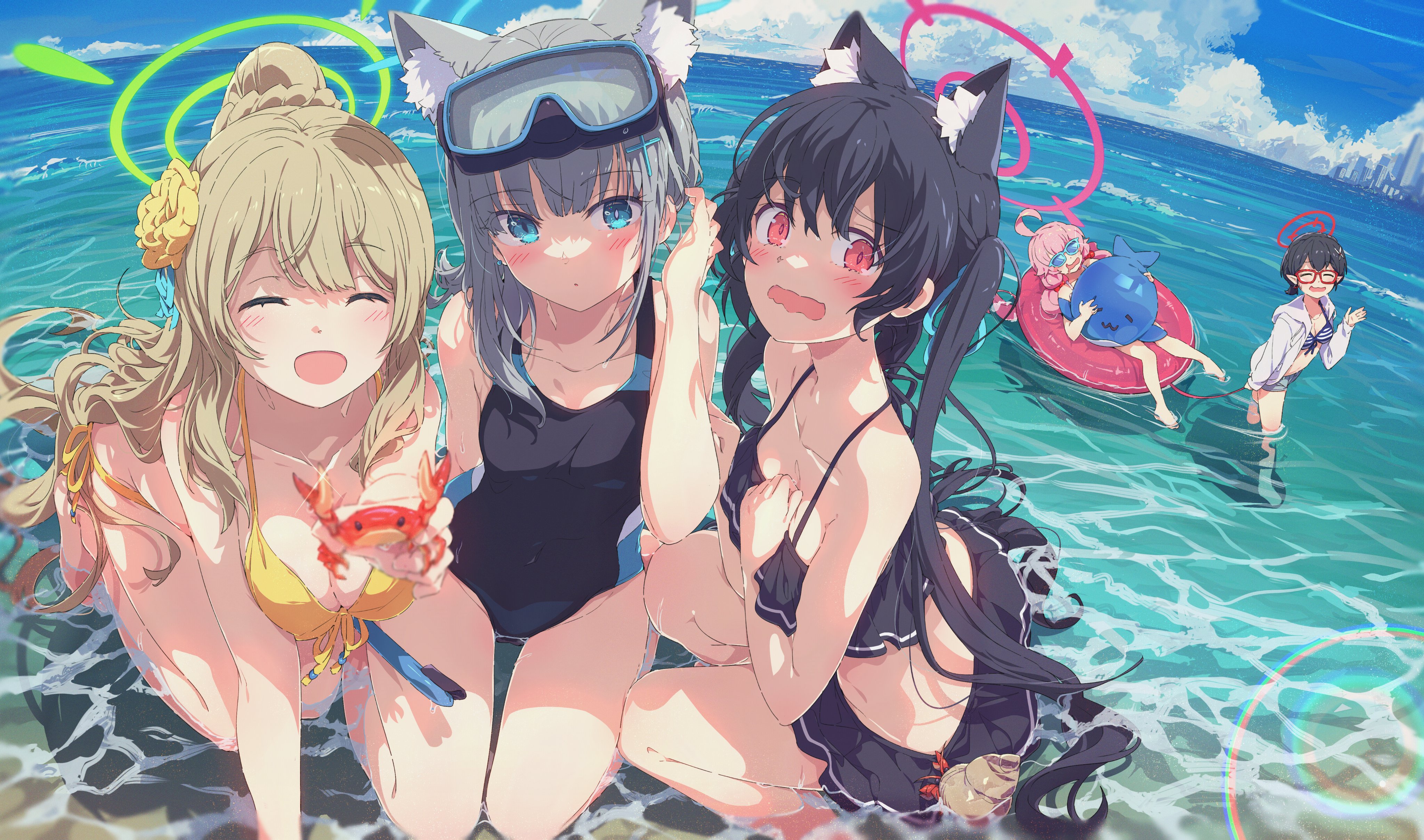 Anime 4096x2416 Ogipote Blue Archive anime girls swimwear Ayane (Blue Archive) sea Takanashi Hoshino (Blue Archive) Izayoi Nonomi (Blue Archive) Kuromi Serika (Blue Archive) Shiroko (Blue Archive) sky group of women floater animals animal ears crabs looking at viewer one-piece swimsuit waves bikini closed eyes horizon blushing scuba diving goggles swimming goggles water lens flare cleavage flower in hair waving