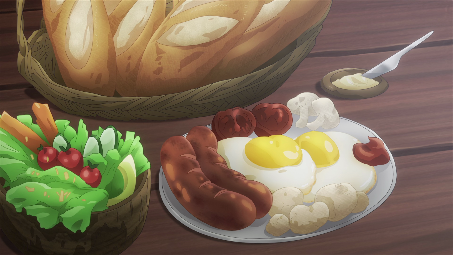 Anime 1920x1080 anime food breakfast plates sausage eggs bread Anime screenshot anime food