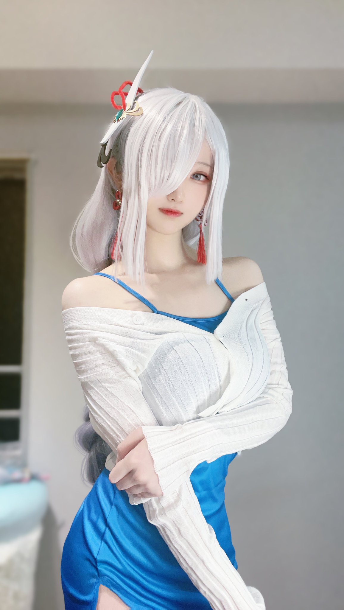 People 1155x2048 women cosplay Genshin Impact Shenhe (Genshin Impact) white hair layman aegyo sal photoshopped