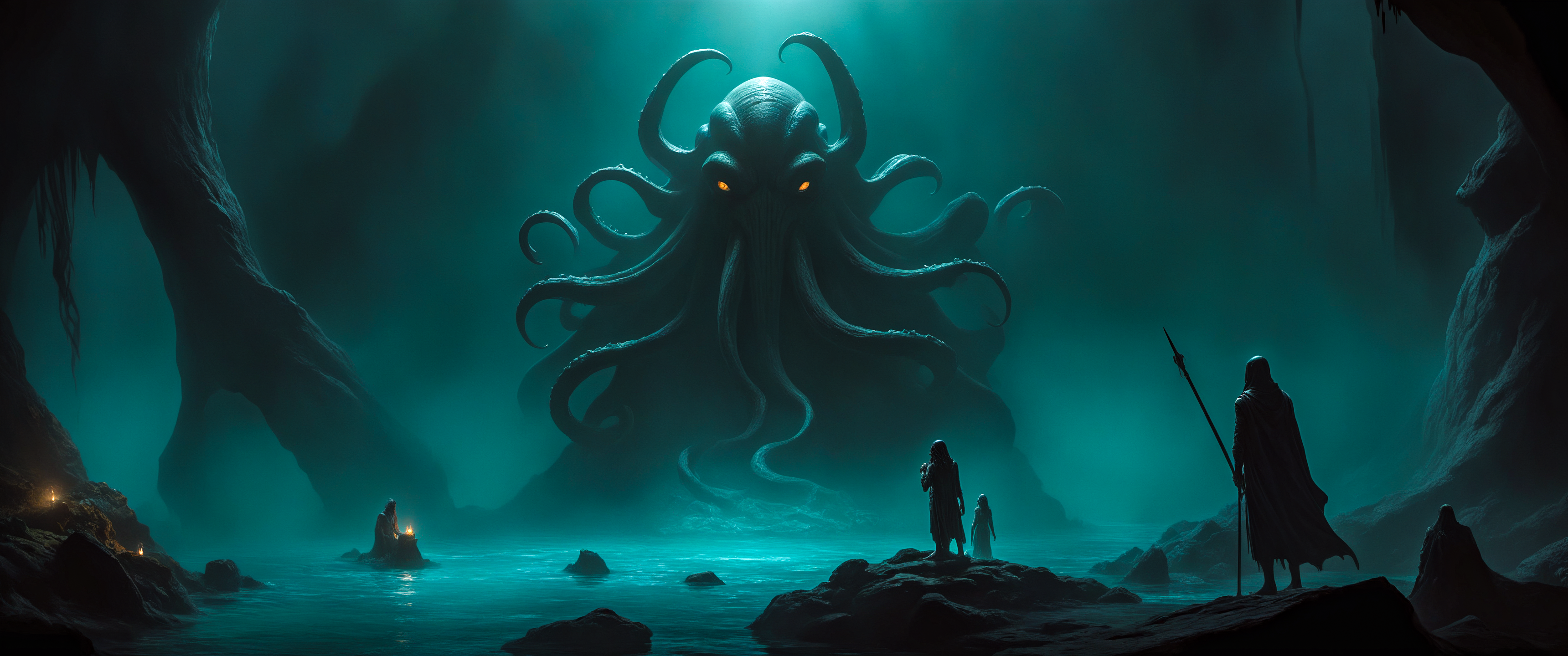 General 3440x1440 AI art Cthulhu tentacles shrine cave Stable Diffusion digital art creature water