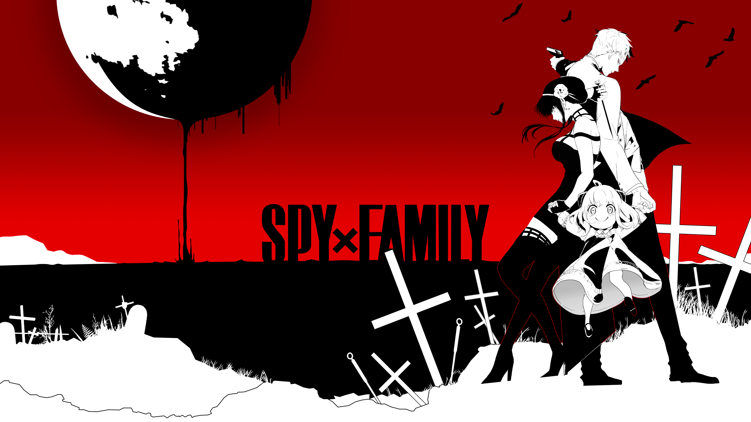 Anime 2560x1440 Loid Forger Yor Forger Anya Forger minimalism monochrome looking at viewer cross red sky weapon raven Spy x Family anime girls anime boys smiling