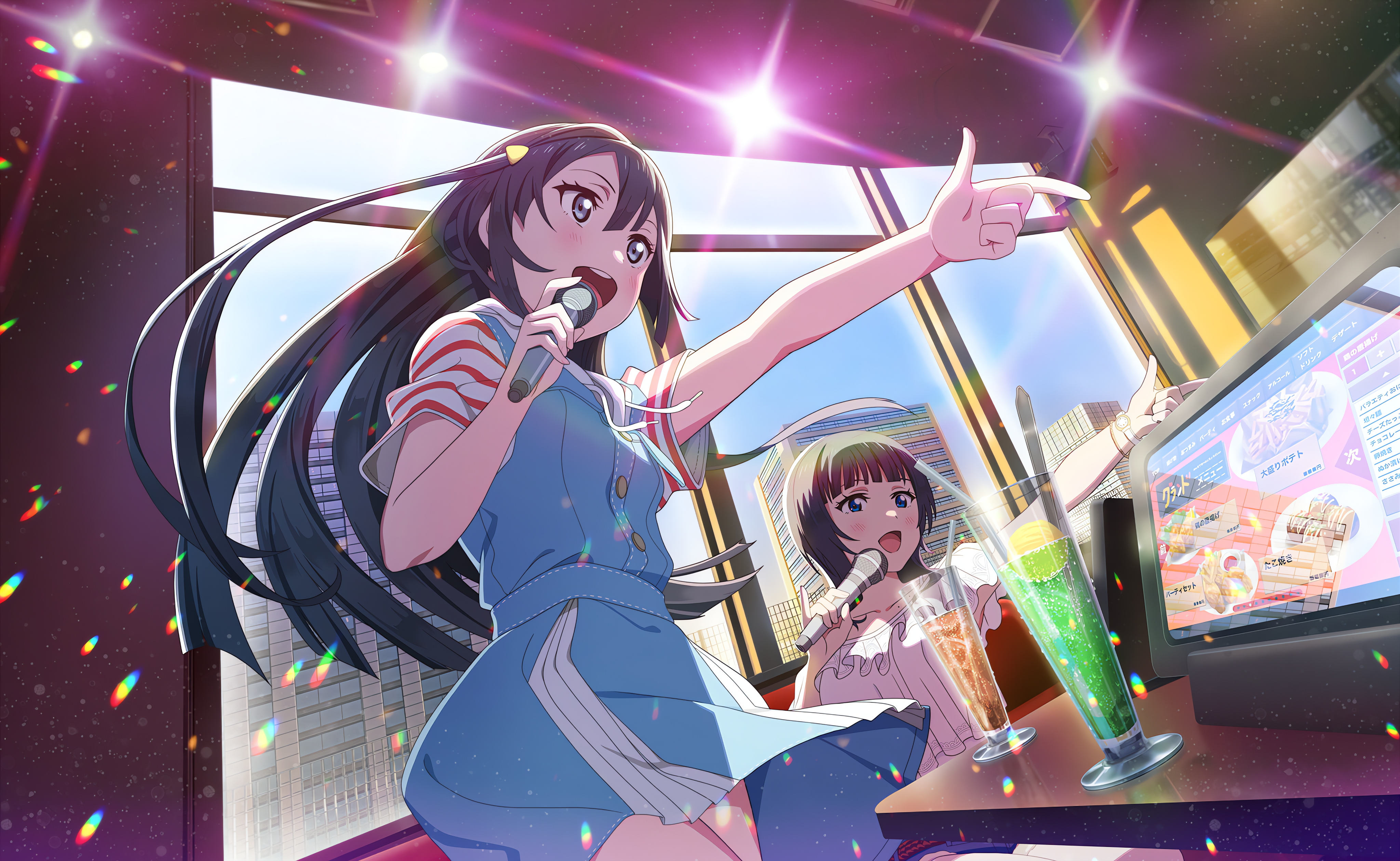Anime 4096x2520 Yuki Setsuna Love Live! Love Live! Nijigasaki High School Idol Club anime anime girls microphone drink singing Japanese lights long hair window building open mouth