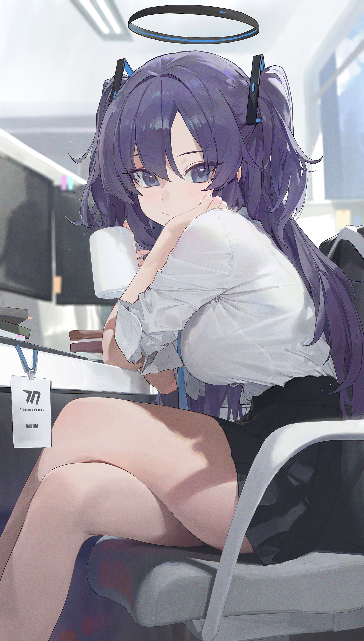 Anime 1500x2636 Blue Archive anime girls purple hair portrait display Hayase Yuuka long hair looking at viewer sitting legs crossed twintails cup computer
