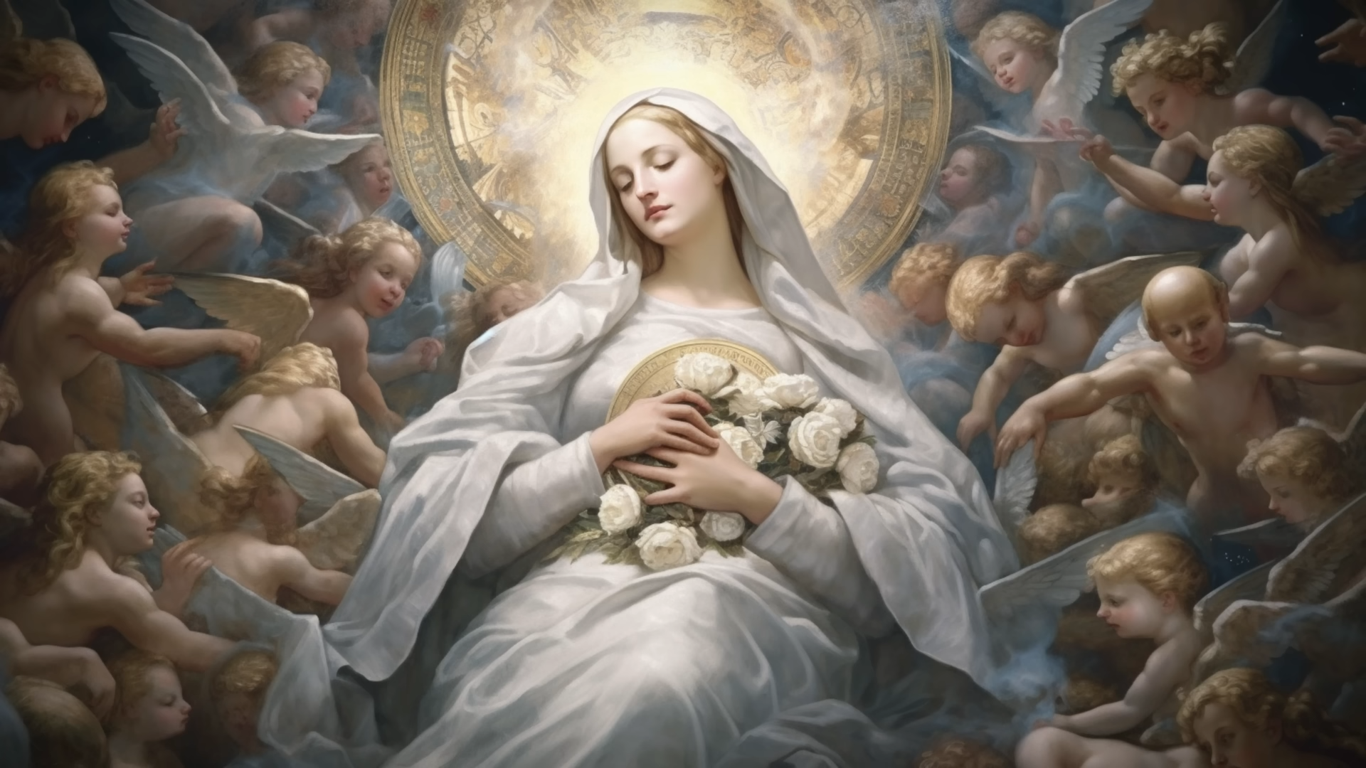 General 1920x1080 Holy Mary sky angel closed eyes religion flowers baby AI art