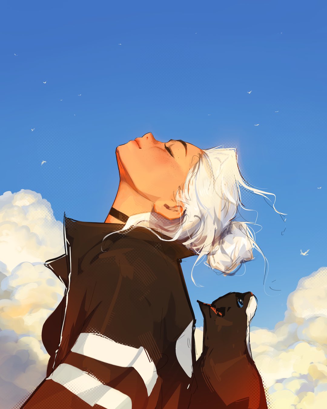 Anime 1080x1350 anime girls portrait display looking up black jackets choker animals sky white hair closed eyes cats relaxing profile Sam Yang hairbun side view smiling clouds clear sky