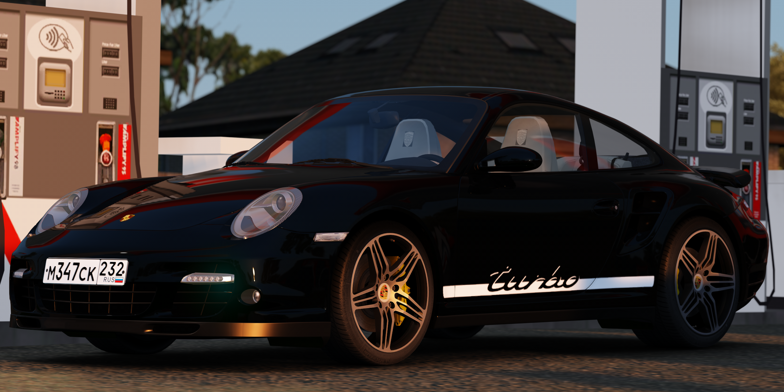 General 2720x1360 Assetto Corsa video games video game art CGI car side view wheels headlights Porsche Porsche 911 gas station licence plates vehicle