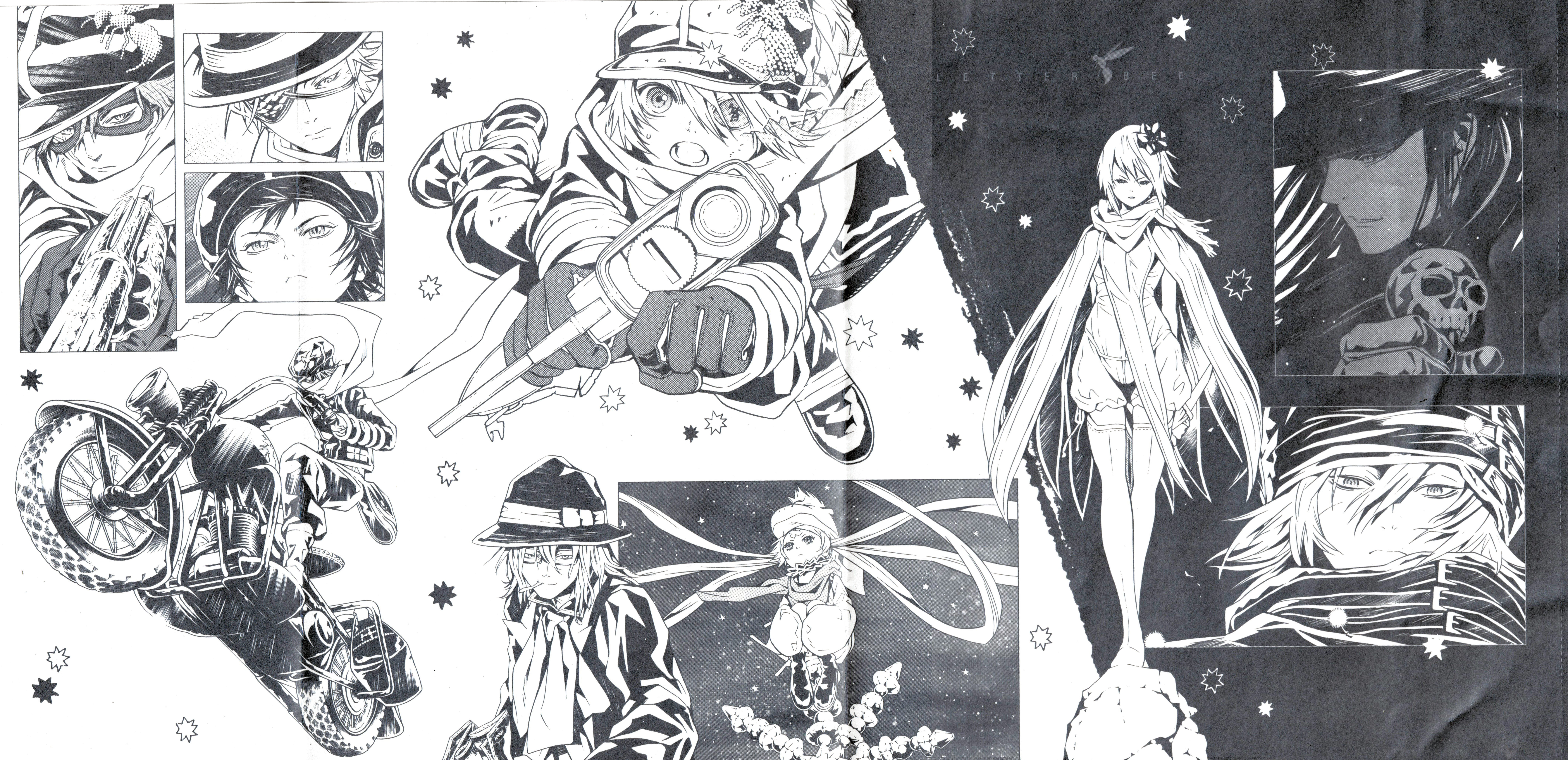 Anime 8497x4116 monochrome weapon simple background manga anime girls anime boys hat gun motorcycle looking at viewer gloves flower in hair