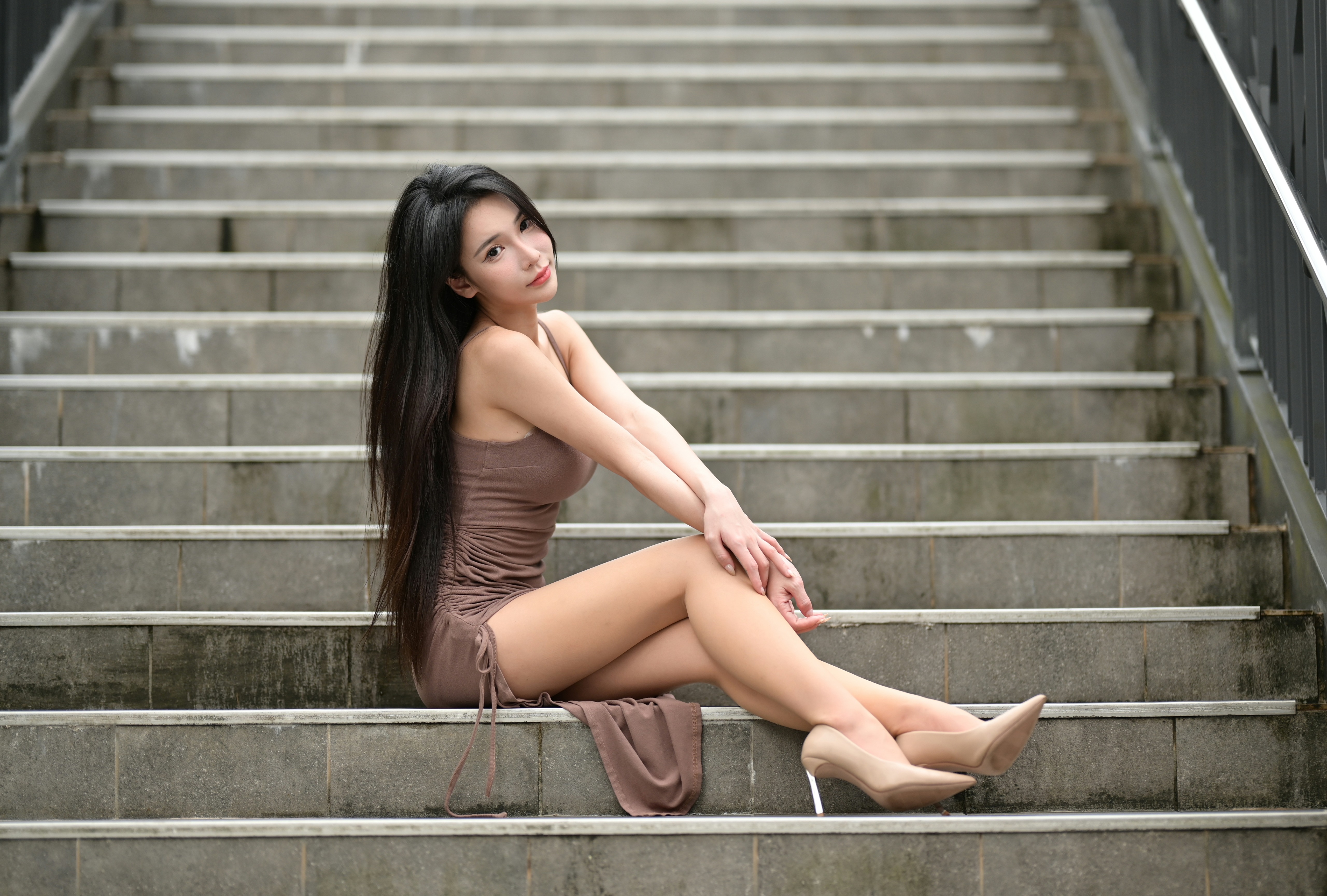People 5120x3457 Asian model women dark hair long hair sitting high heels legs dress