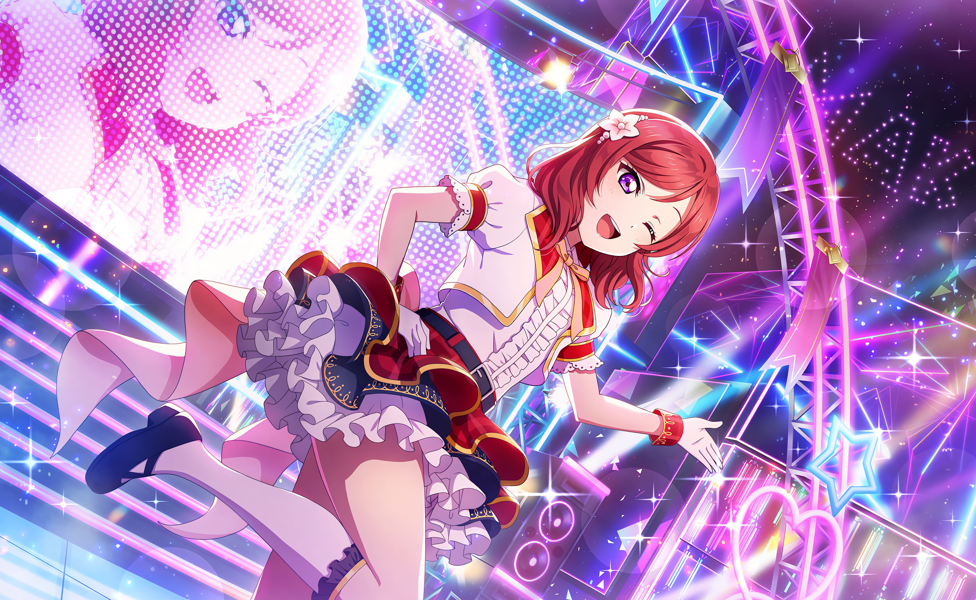 Anime 4096x2520 Nishikino Maki Love Live! anime anime girls gloves stars uniform stairs stages stage light one eye closed open mouth flower in hair stockings heart (design)