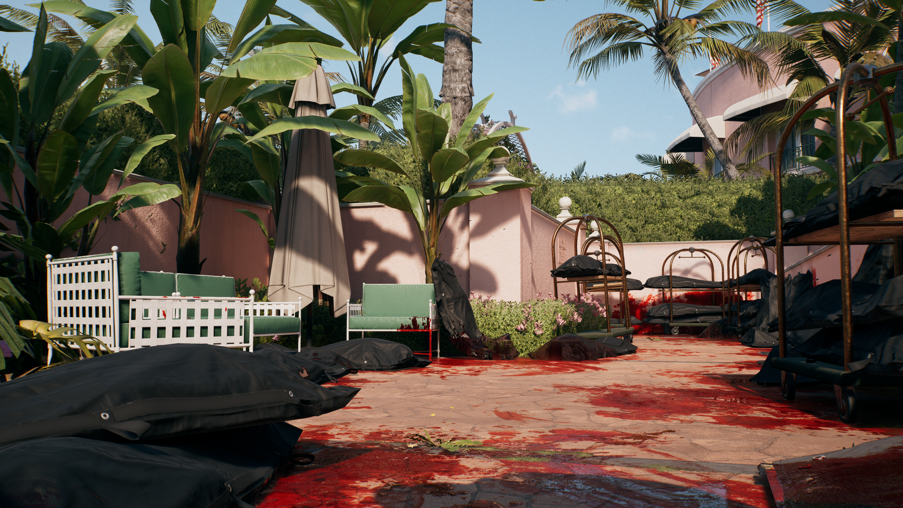 General 3840x2160 Dead Island 2 Nvidia RTX video games CGI palm trees leaves blood chair flowers sky clouds gore video game art screen shot