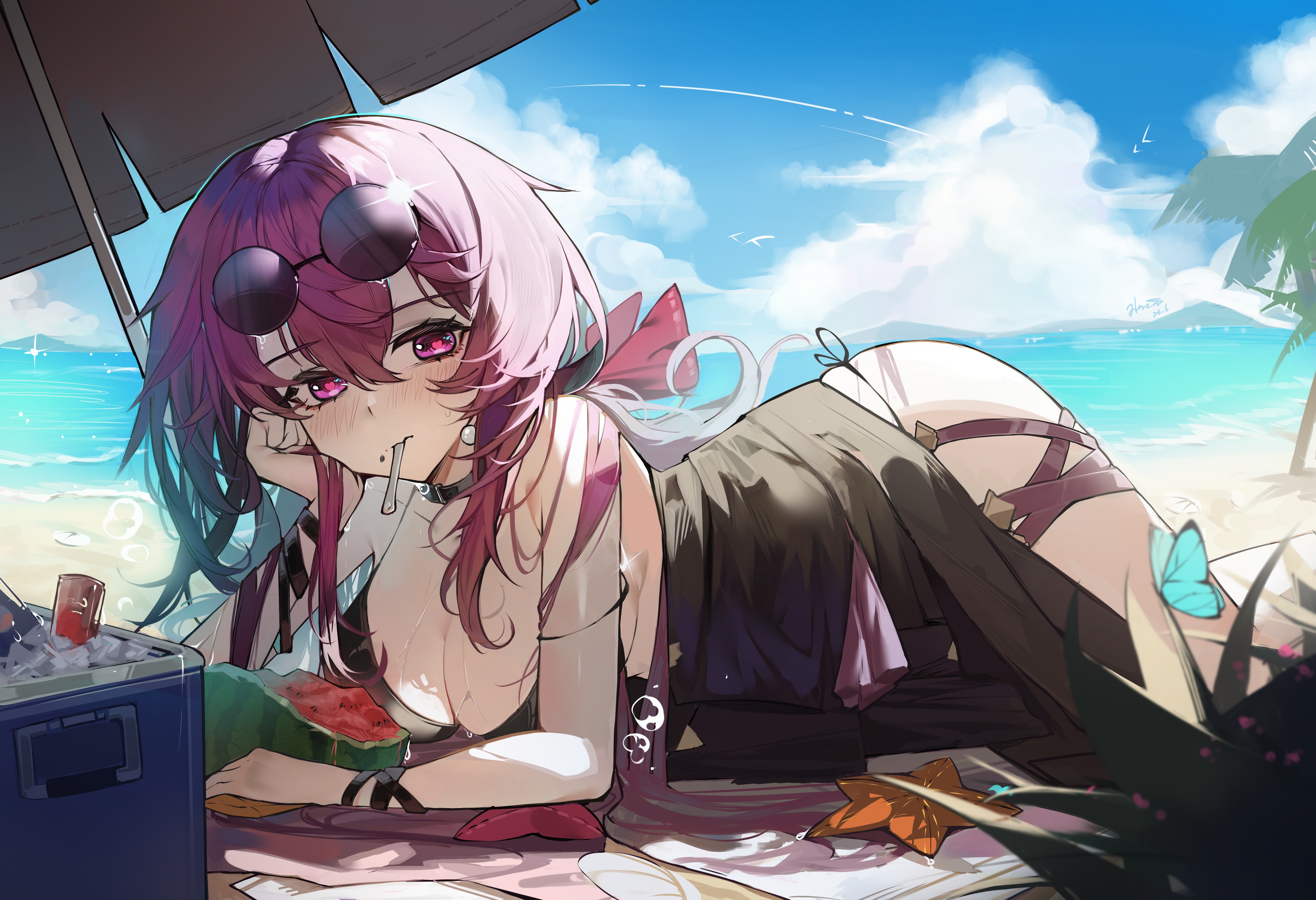 Anime 4093x2800 anime anime girls Kafka (Honkai: Star Rail) Honkai: Star Rail clouds sky lying on front butterfly cleavage big boobs watermelons water beach palm trees waves signature insect looking at viewer blushing sunglasses ice cubes purple eyes purple hair starfish leaves choker umbrella long hair