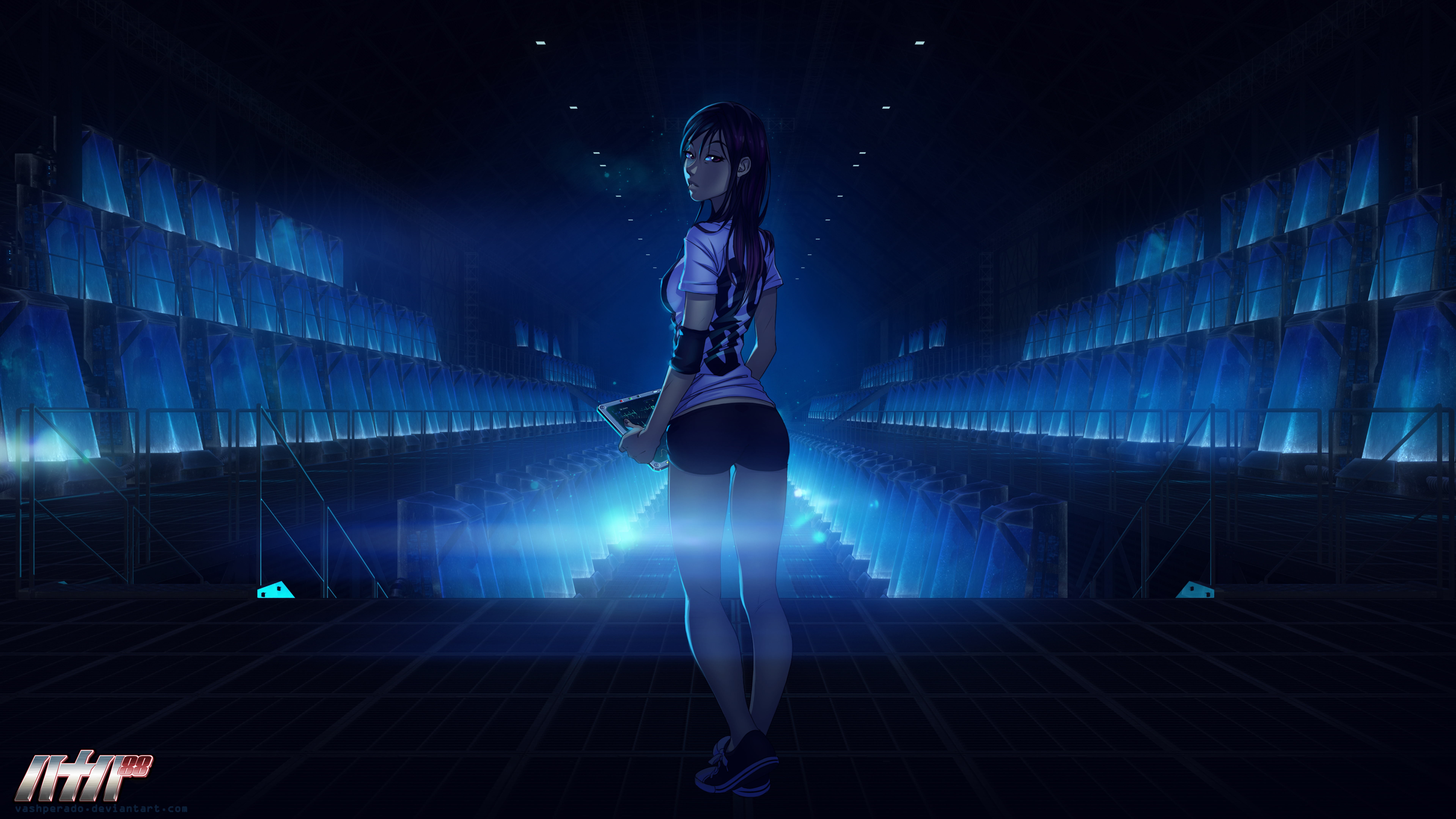 General 7676x4320 vashperado 88 chan space out Cryo Chamber loneliness spaceship long hair blue lights standing looking at viewer logo minimalism simple background