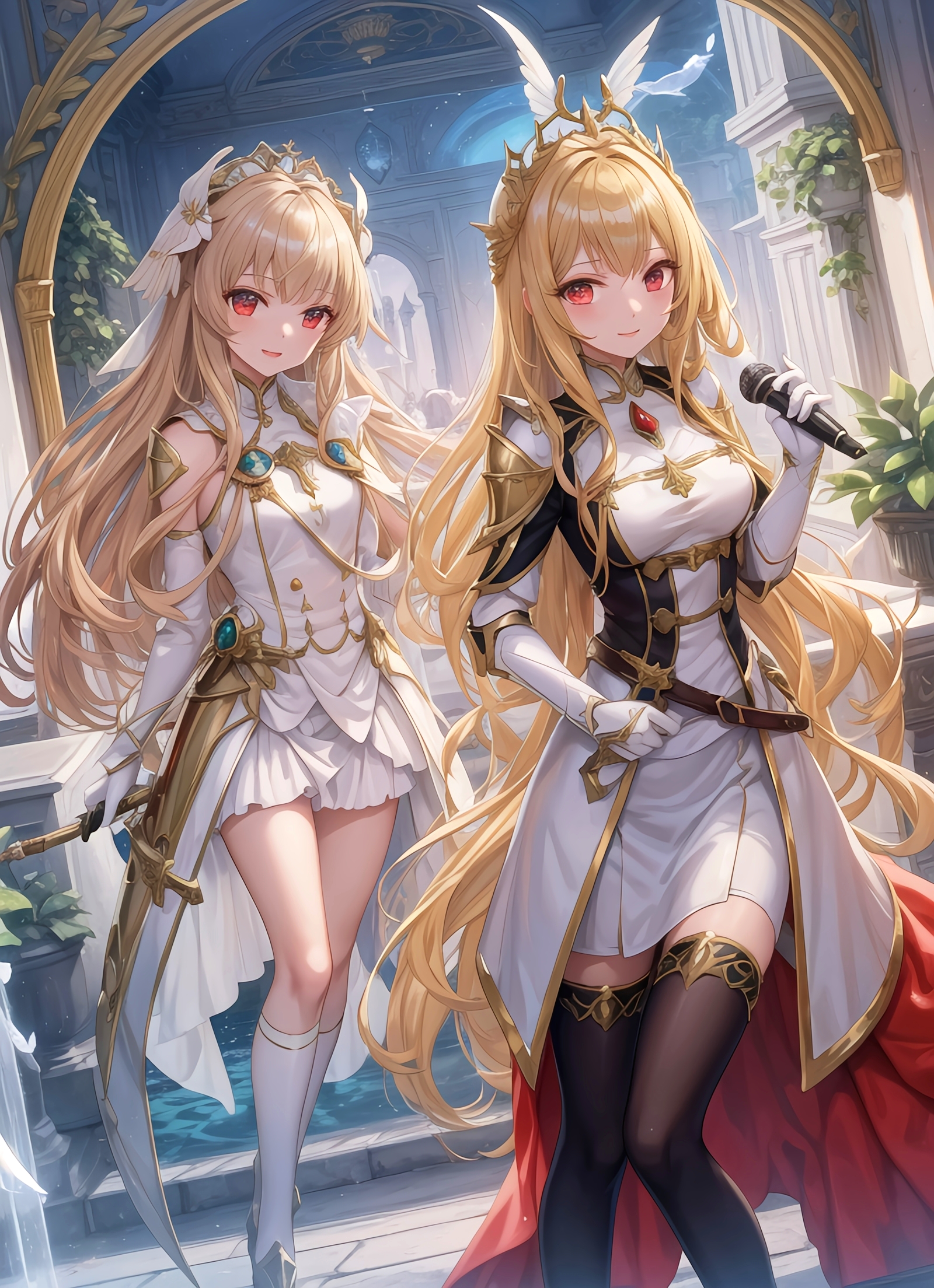 Anime 1600x2208 AI art knight anime anime girls original characters long hair blonde red eyes two women artwork digital art microphone standing stockings portrait display looking at viewer smiling elbow gloves leaves