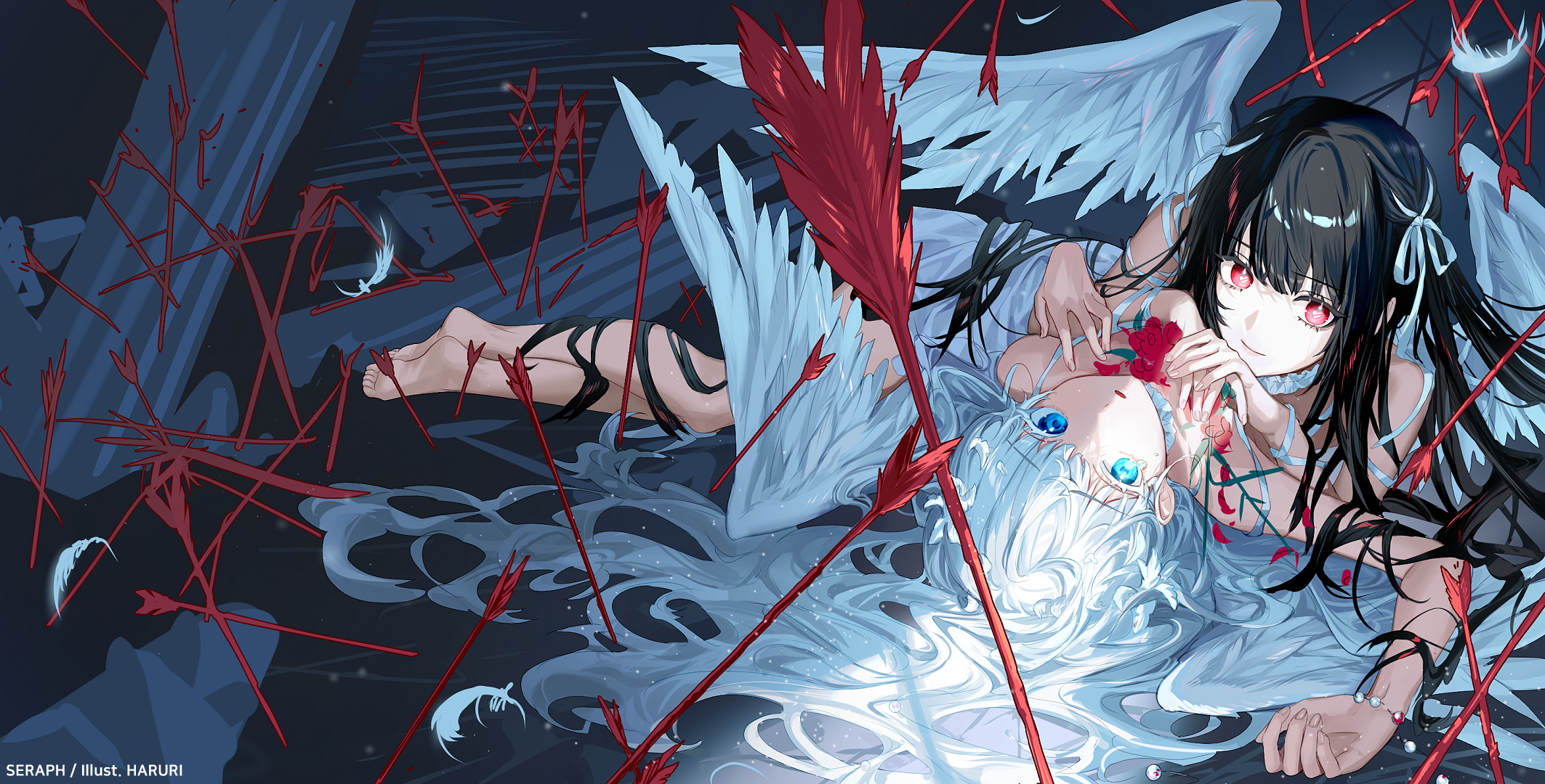 Anime 2126x1080 anime anime girls lying down lying on back wings looking sideways rose petals long hair choker watermarked feathers
