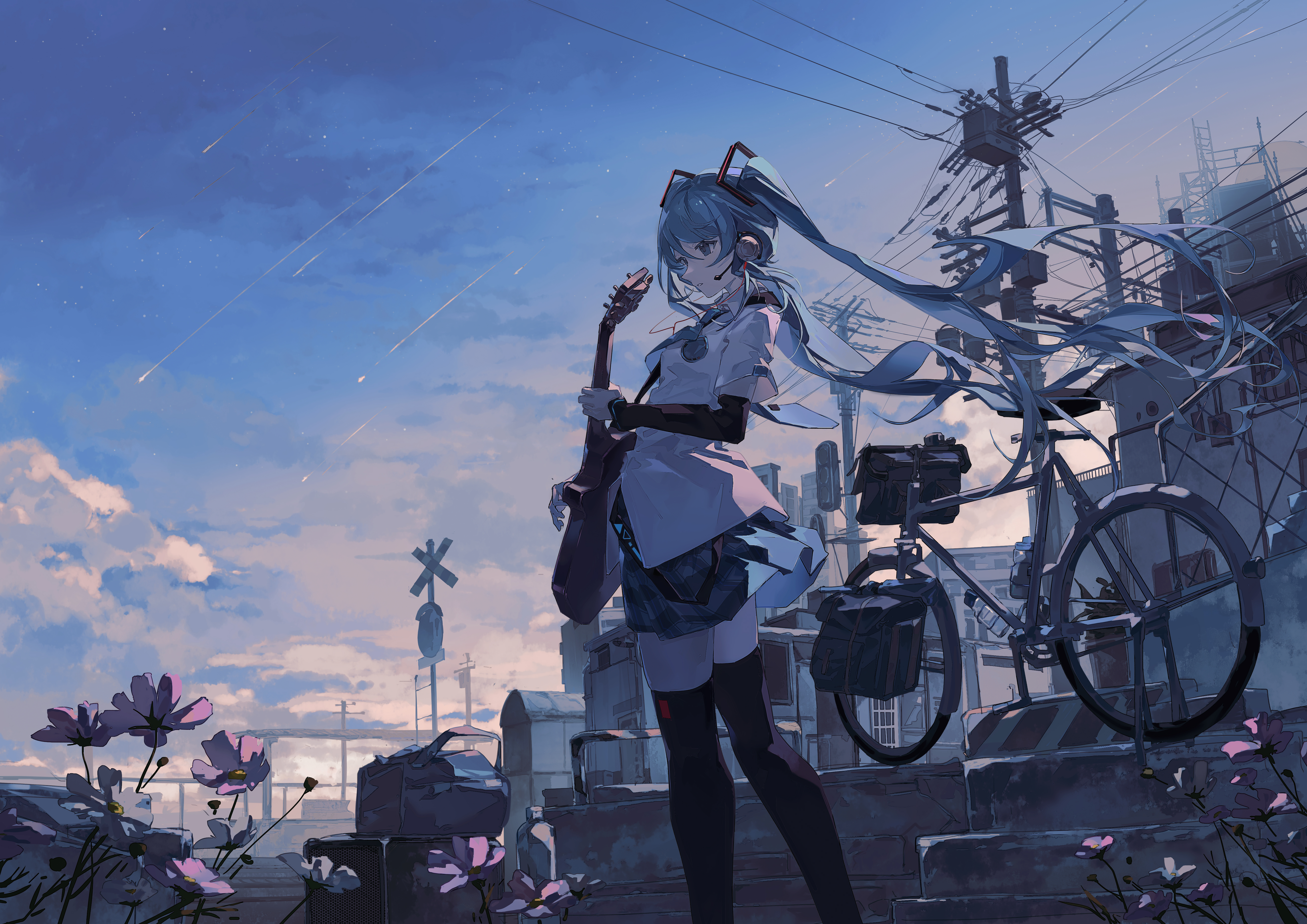 Anime 5262x3720 anime anime girls Hatsune Miku Vocaloid sky clouds twintails long hair guitar blue hair blue eyes musical instrument flowers bicycle elbow gloves standing headphones