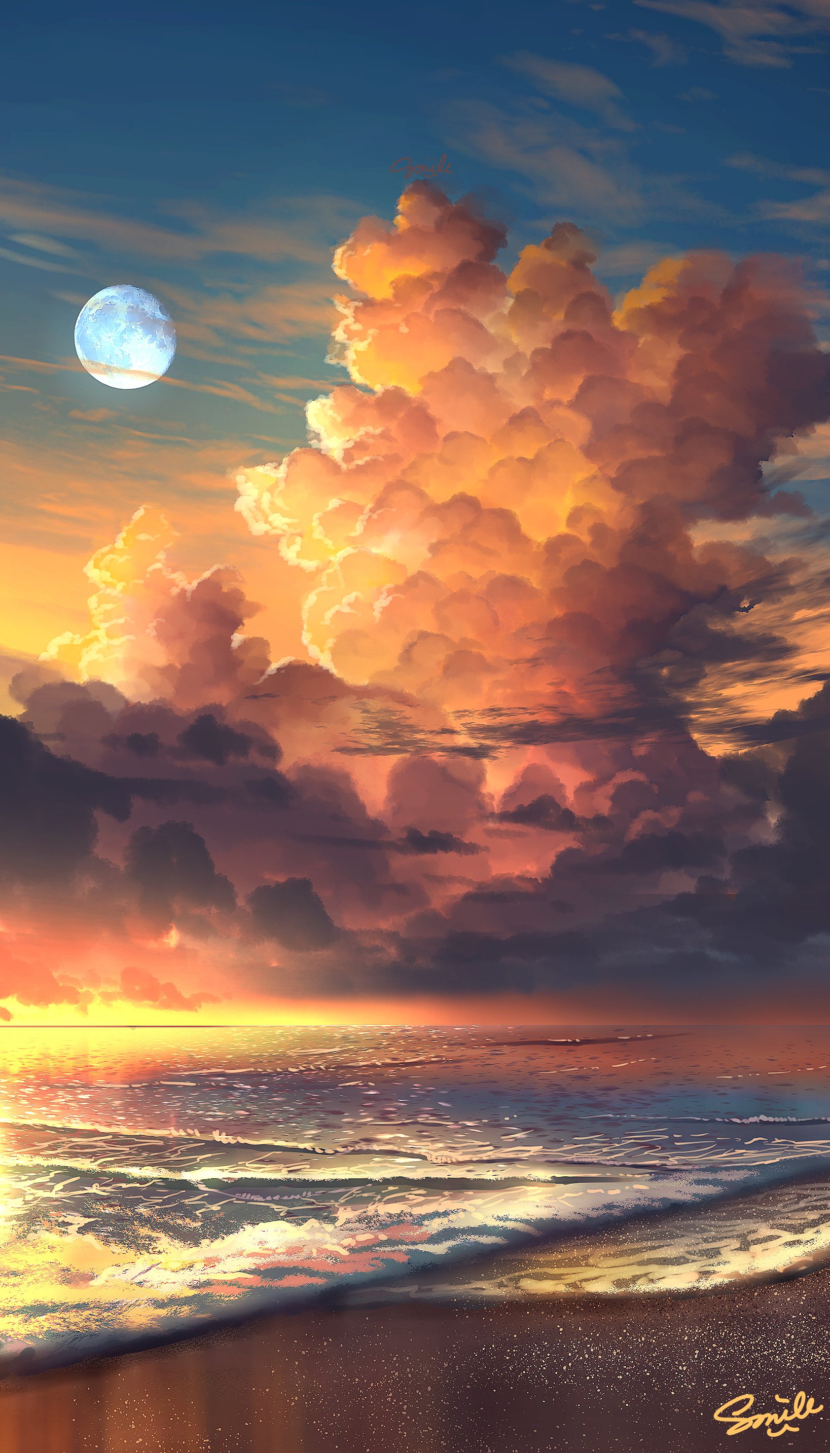 Smile (artist), outdoors, beach, sky, waves, Moon, sea, cumulus ...