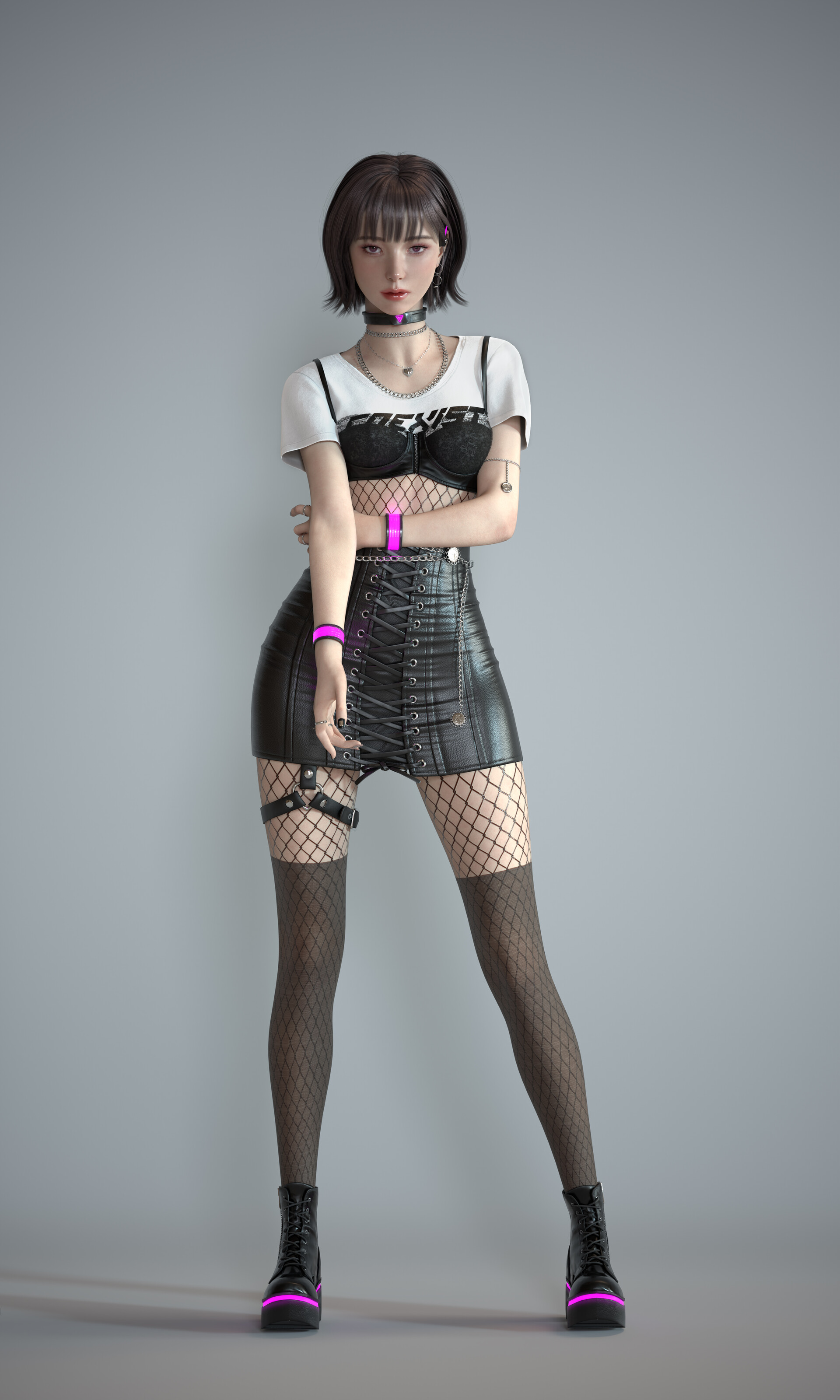 General 1920x3200 Su Yeon Jeong CGI women leather simple background fishnet fishnet stockings