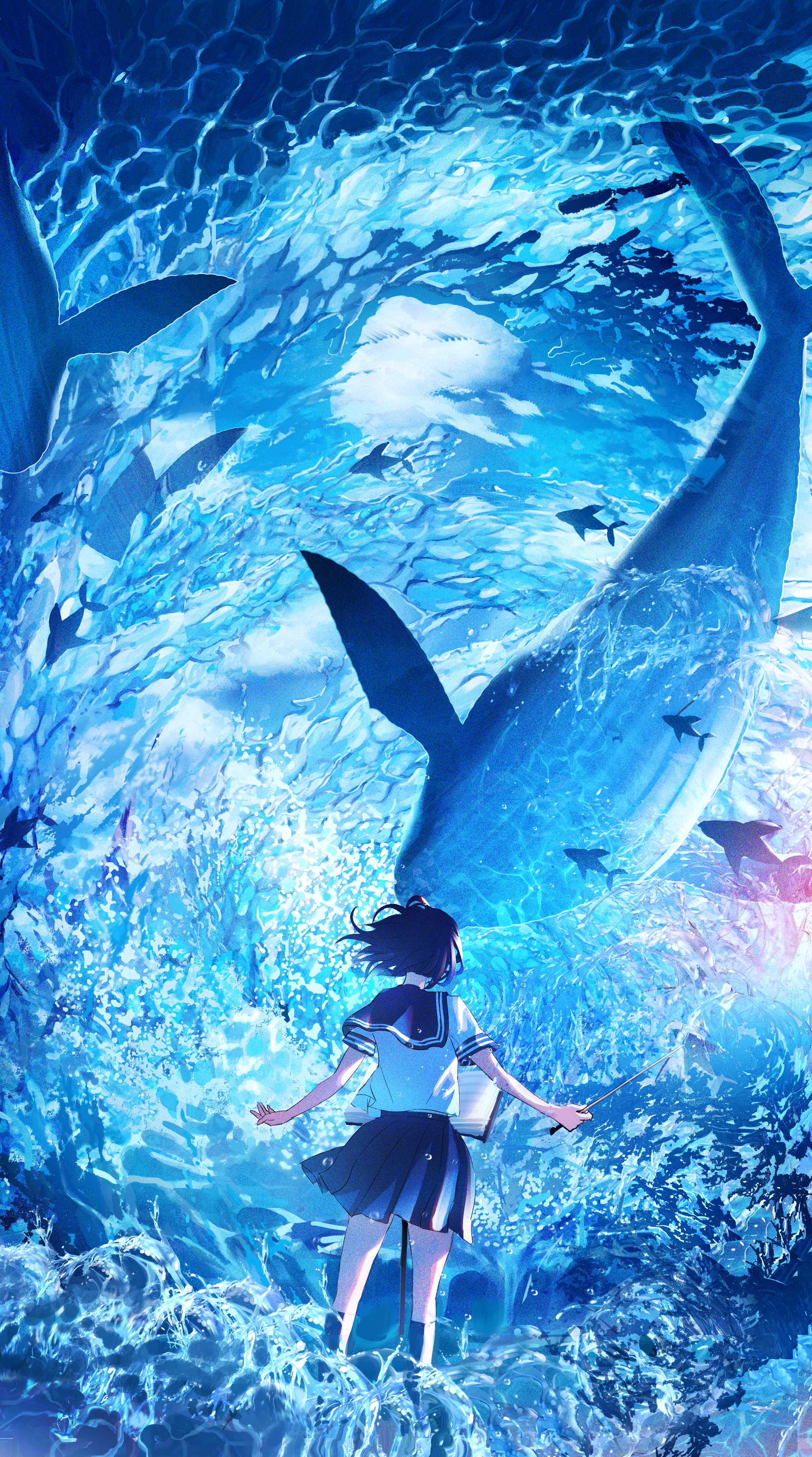 Anime 2143x3843 Kenzo 093 school uniform sheet music water drops rear view short hair water short sleeves whale fish sea