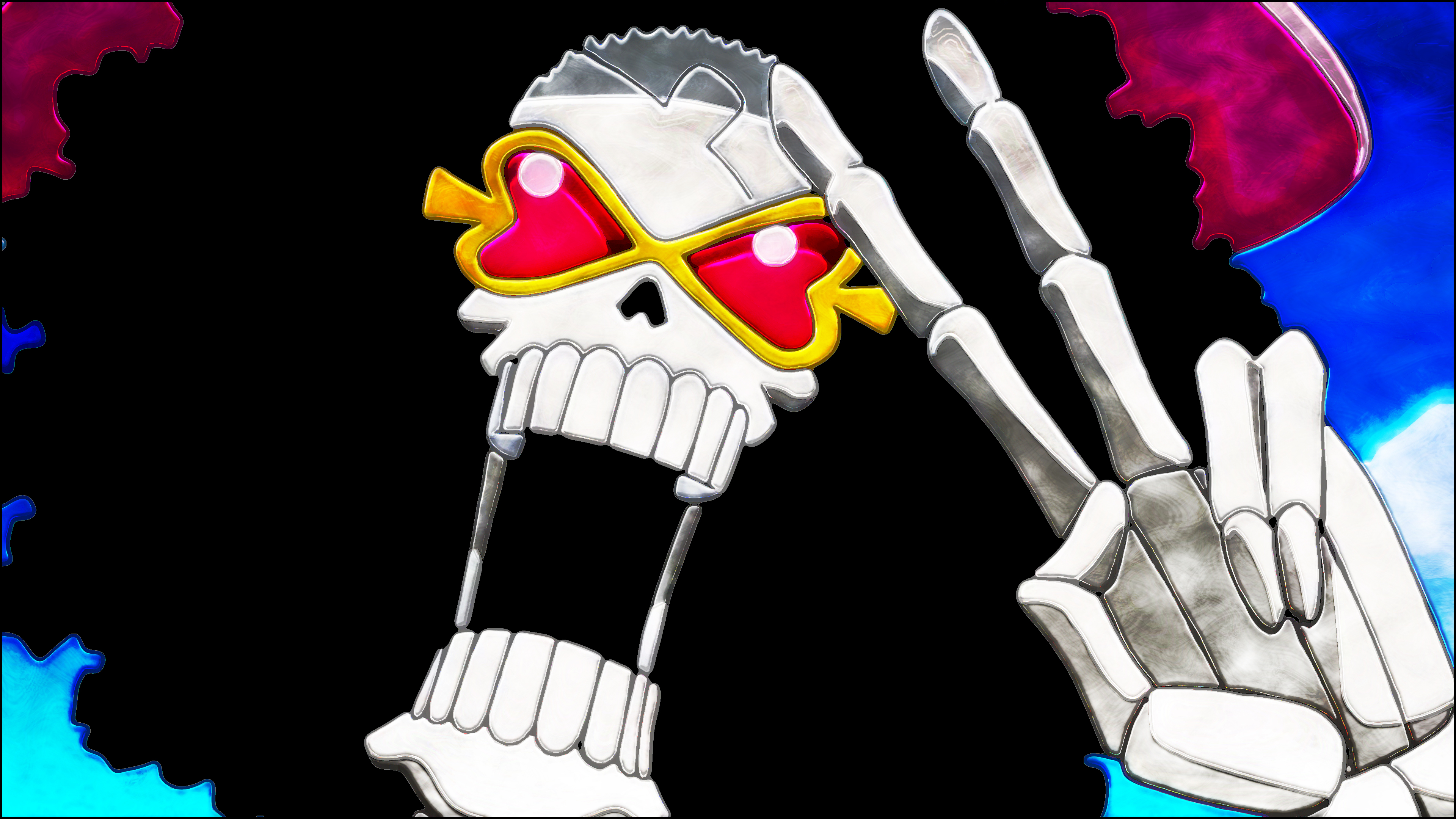 Anime 3840x2160 One Piece peace sign anime men Brook skeleton open mouth sunglasses afro