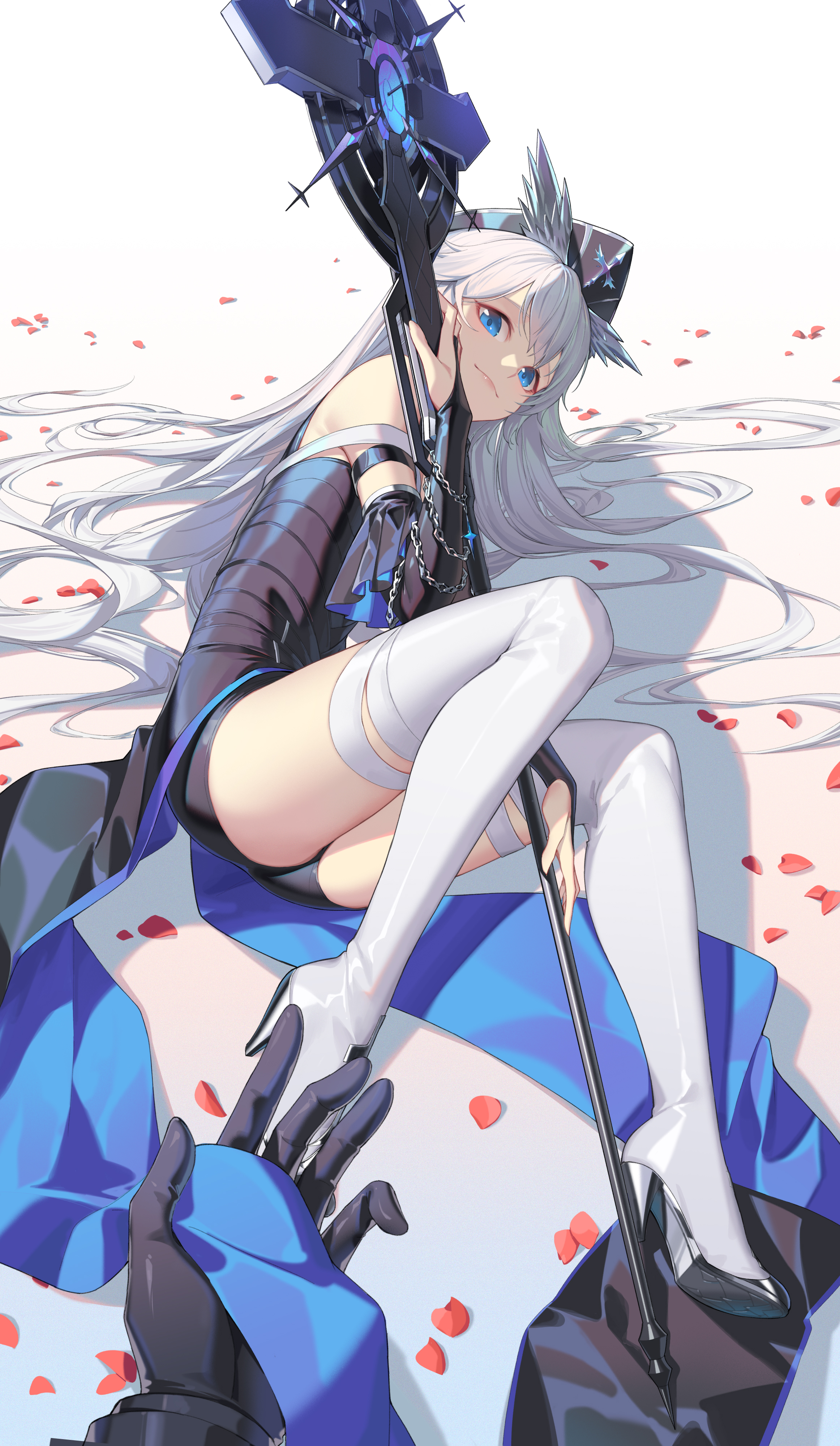 Anime 2324x4000 anime anime girls Morgan le Fay Fate series lying down lying on side hair between eyes petals looking at viewer stockings bent legs minimalism white background heels simple background smiling portrait display gloves pointed toes elbow gloves closed mouth blue eyes white hair thighs ass high heels