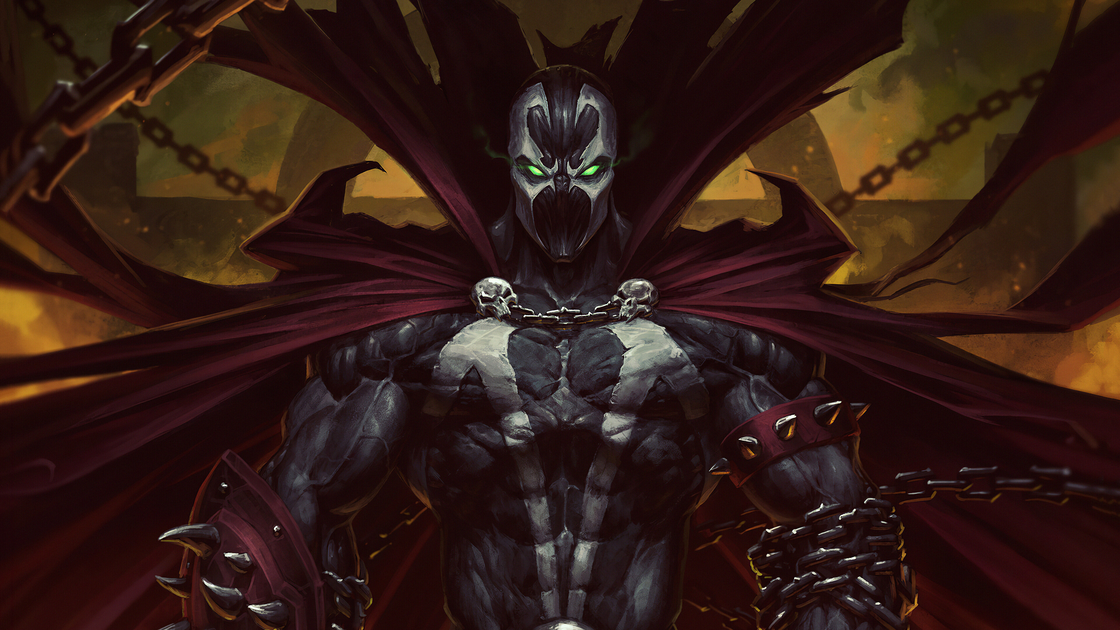 General 3840x2160 Spawn comics Image Comics digital art looking at viewer muscles glowing eyes green eyes cape spike  chains